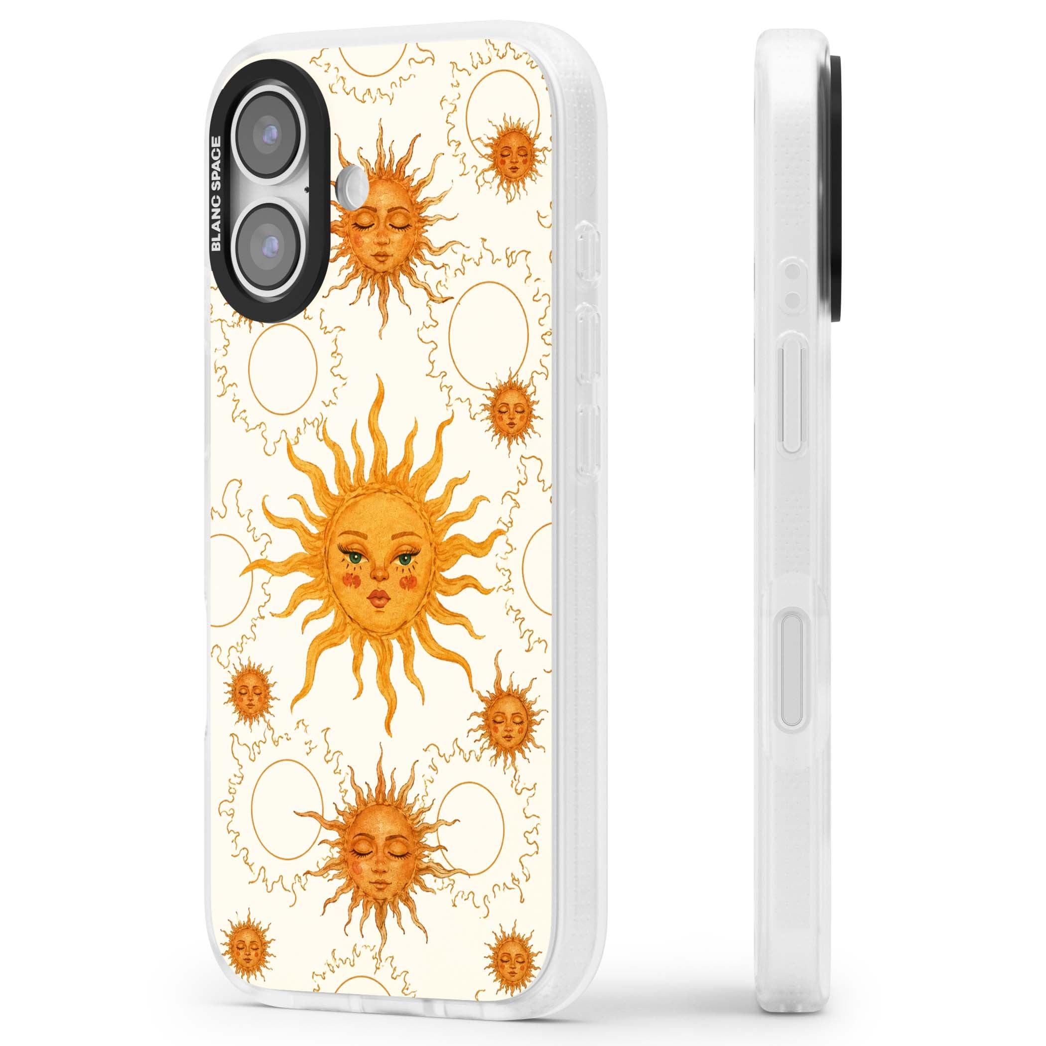 Solstice Muse celestial iPhone case featuring hand-painted golden sun faces, closed-eye sun goddesses and outlined moons... | Clear Case Impact Air case for iPhone 17