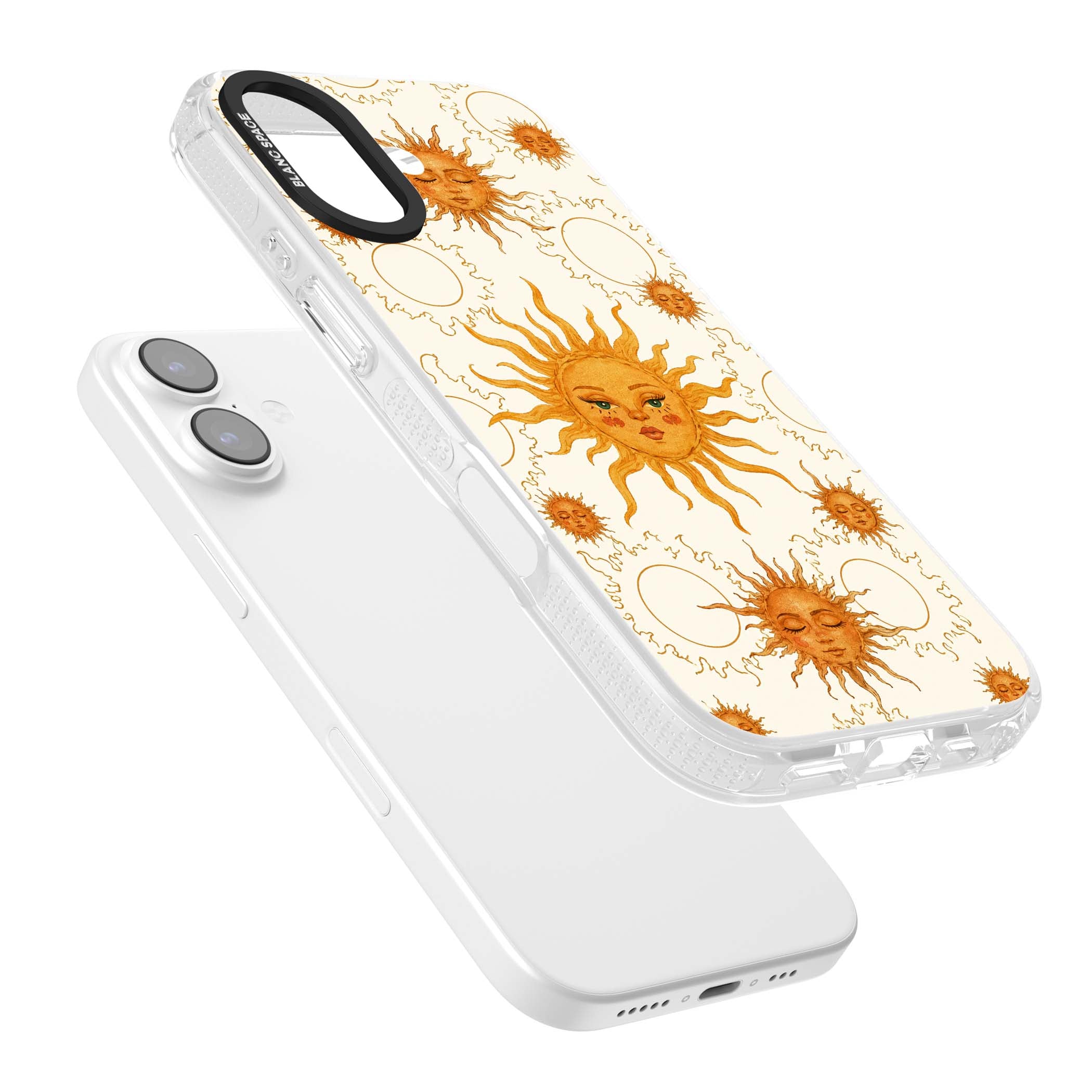 Solstice Muse celestial iPhone case featuring hand-painted golden sun faces, closed-eye sun goddesses and outlined moons... | Clear Case Impact Air case for iPhone 17