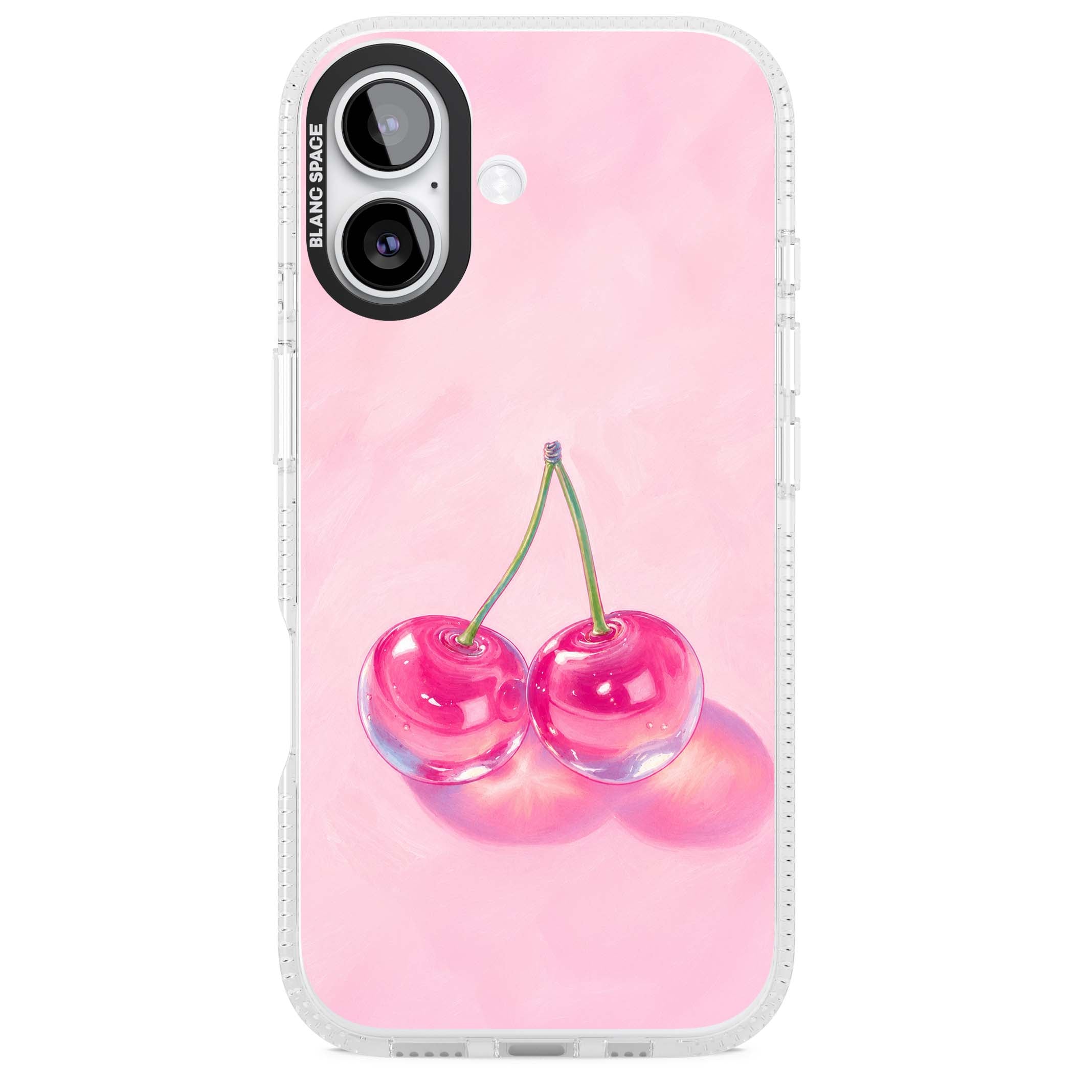 Pink Glass Cherry coquette iPhone case featuring two glossy painted cherries on a soft pink background | Clear Case Impact Air case for iPhone 17