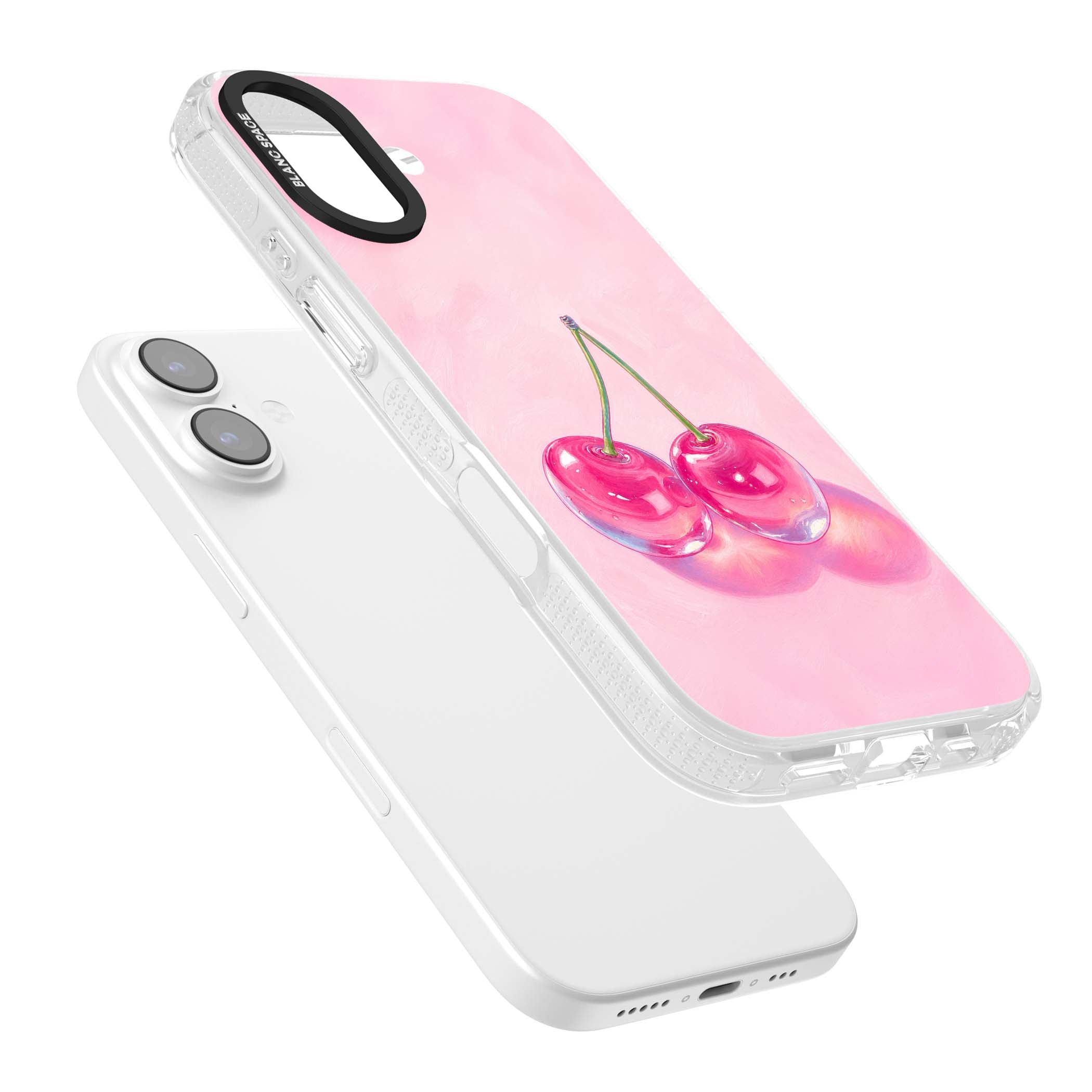 Pink Glass Cherry coquette iPhone case featuring two glossy painted cherries on a soft pink background | Clear Case Impact Air case for iPhone 17