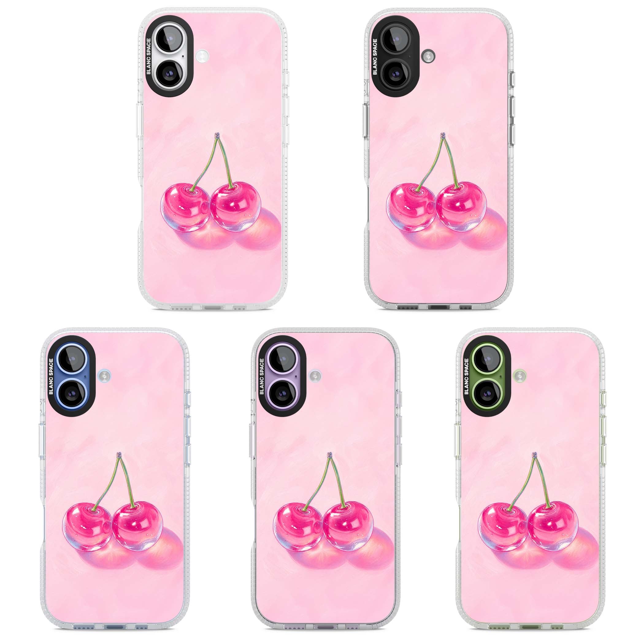 Pink Glass Cherry coquette iPhone case featuring two glossy painted cherries on a soft pink background | Clear Case Impact Air case for iPhone 17