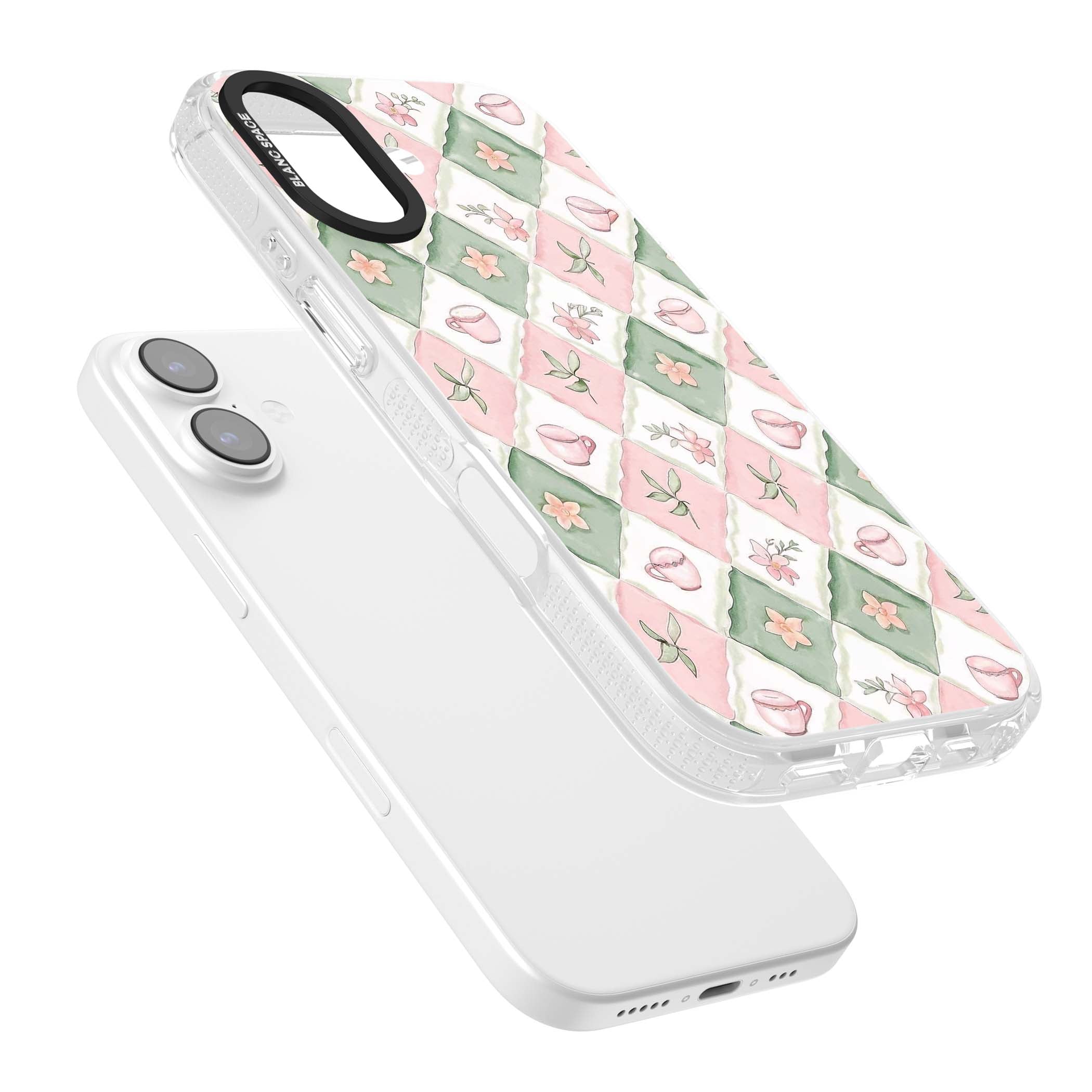 Garden Tea Party coquette iPhone case with pink and green checkered pattern, watercolour teacups and wildflowers | Clear Case Impact Air case for iPhone 17