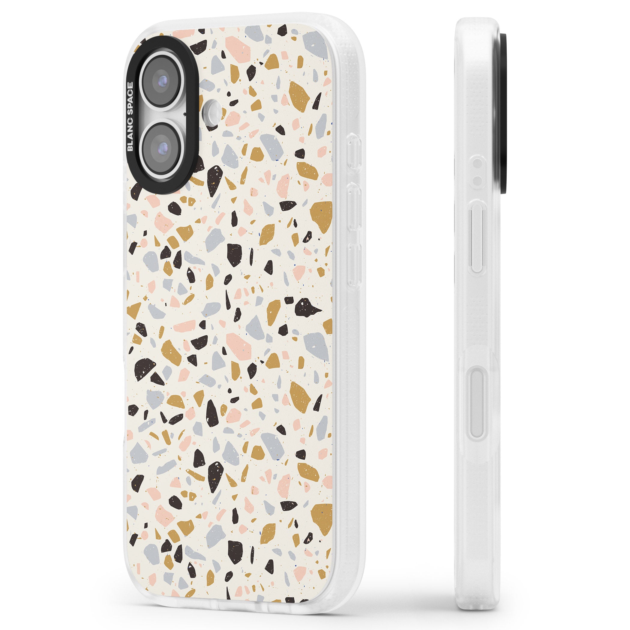 Pale Pink, Blue, & Mocha Terrazzo Pattern iPhone 17 Impact Air Clear Phone Case Side Profile