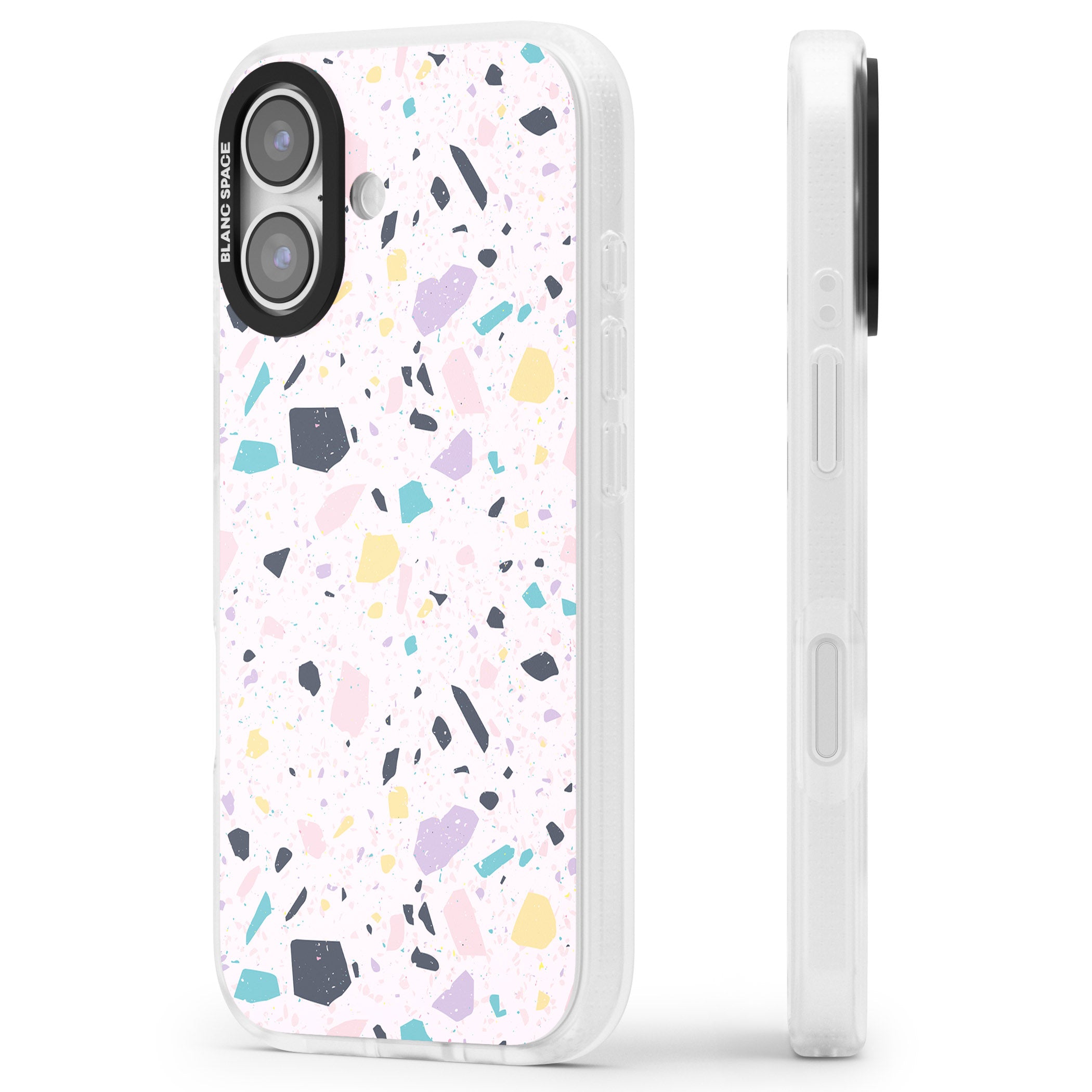 Pink, Purple & Turquoise Terrazzo Pattern iPhone 17 Impact Air Clear Phone Case Side Profile