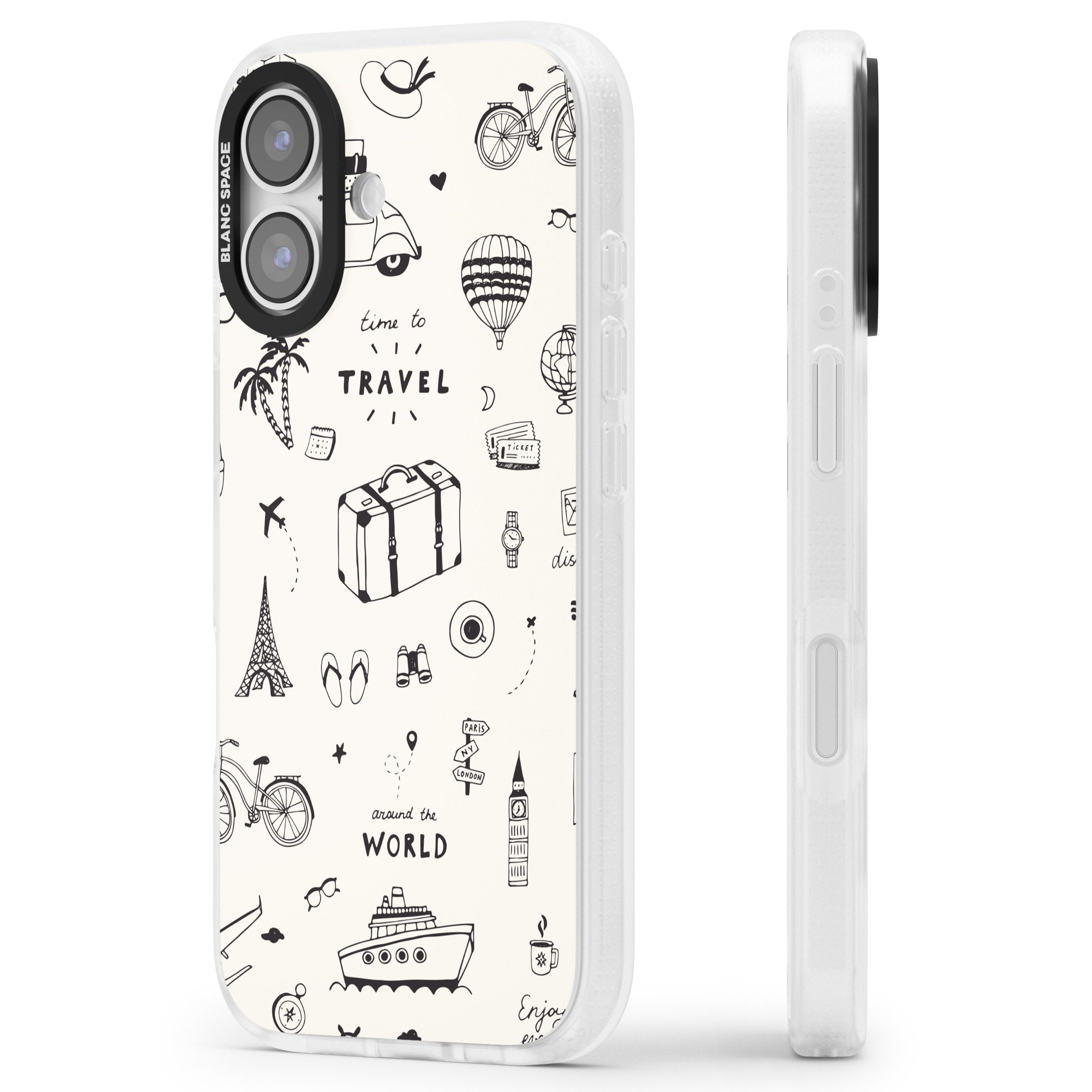 Cute Travel Pattern, White On iPhone 17 Impact Air Clear Phone Case Side Profile