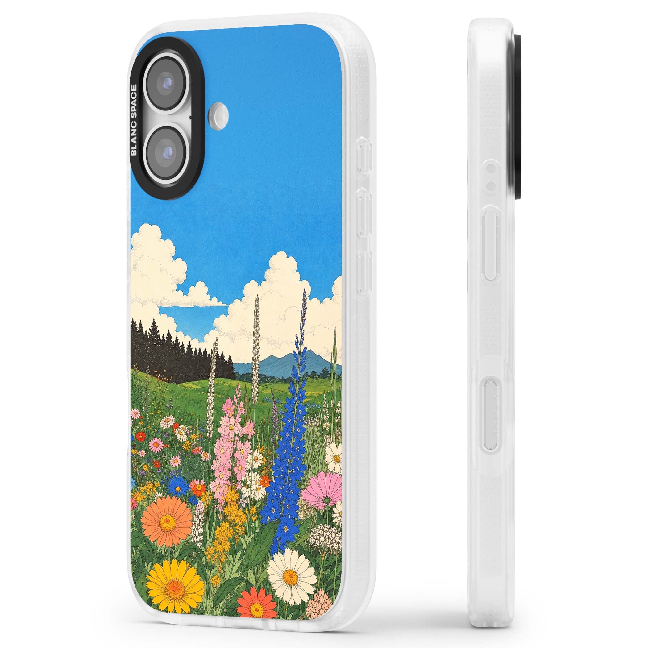 Wildbloom wildflower iPhone case featuring a vintage Japanese-style meadow landscape with daisies, delphiniums and moun | Clear Case Impact Air case for iPhone 17