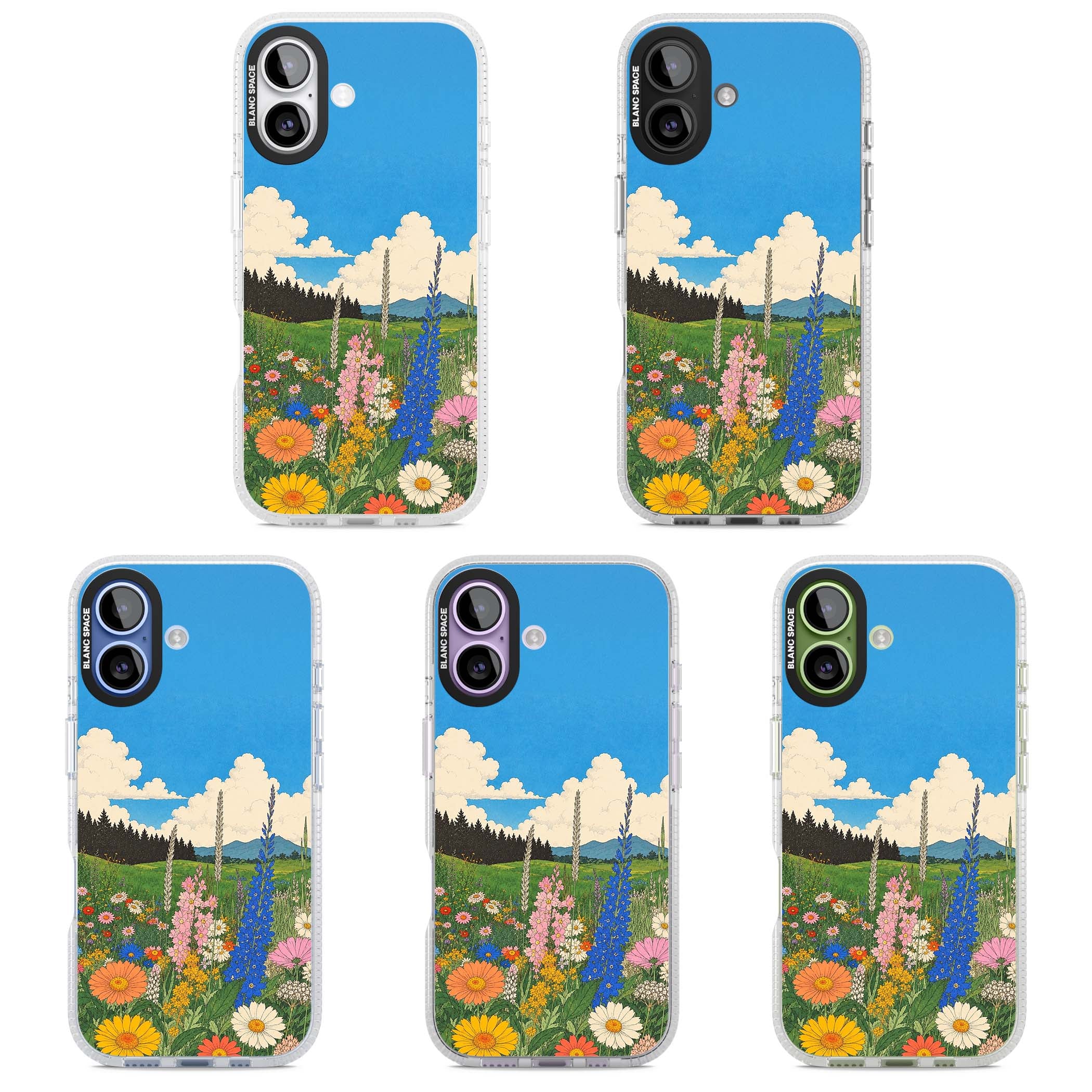 Wildbloom wildflower iPhone case featuring a vintage Japanese-style meadow landscape with daisies, delphiniums and moun | Clear Case Impact Air case for iPhone 17