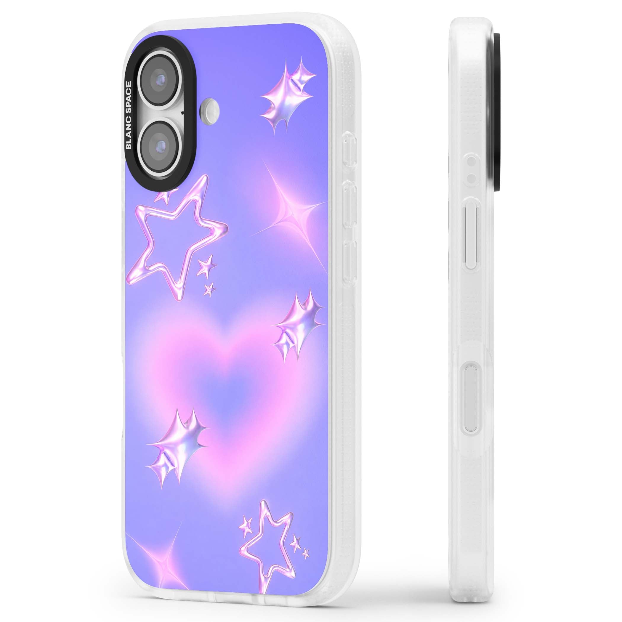 Soft Sugar Y2K iPhone case featuring iridescent chrome hearts, metallic pink stars and a lavender gradient sky | Clear Case Impact Air case for iPhone 17