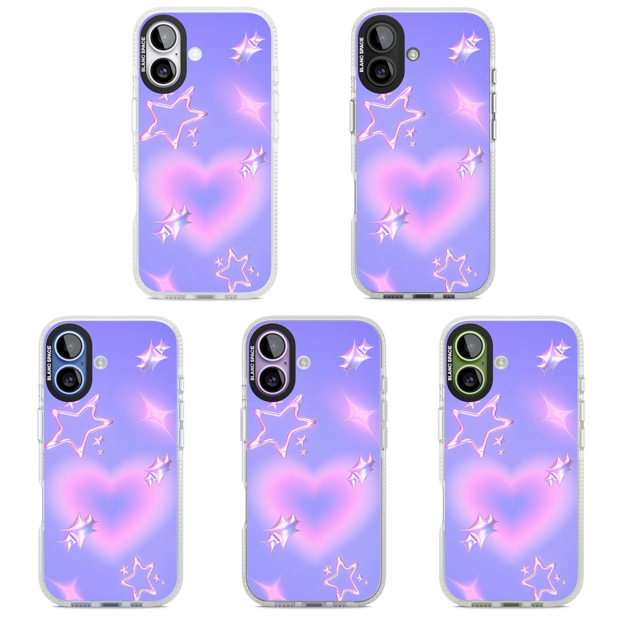 Soft Sugar Y2K iPhone case featuring iridescent chrome hearts, metallic pink stars and a lavender gradient sky | Clear Case Impact Air case for iPhone 17