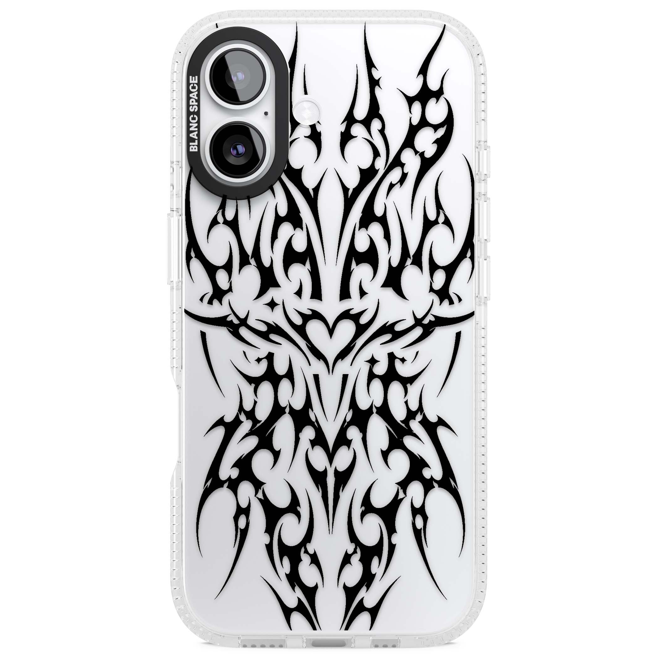 Neo Tribal Heart gothic iPhone case featuring symmetrical black tribal tattoo art with sharp thorn-like linework | Clear Case Impact Air case for iPhone 17