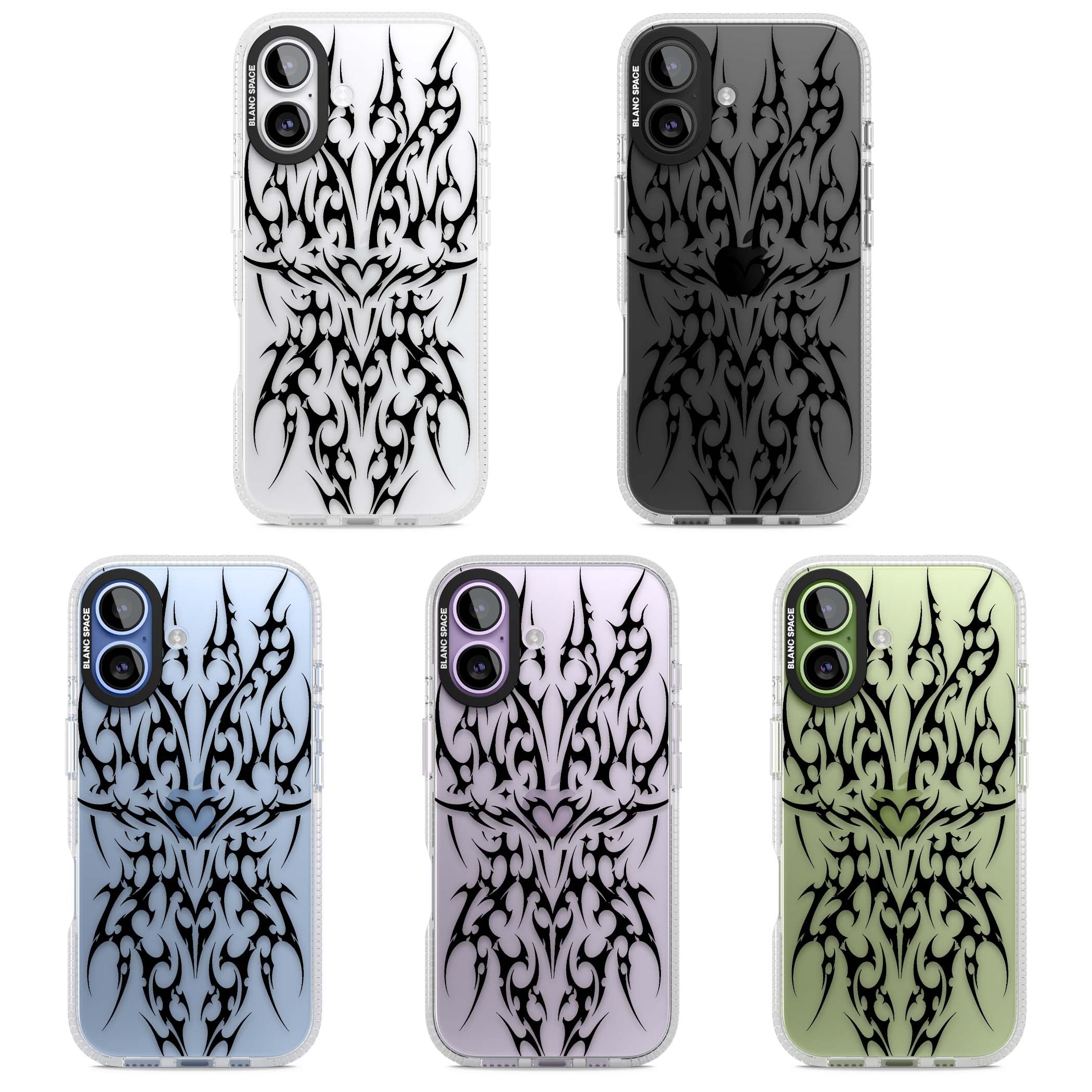 Neo Tribal Heart gothic iPhone case featuring symmetrical black tribal tattoo art with sharp thorn-like linework | Clear Case Impact Air case for iPhone 17