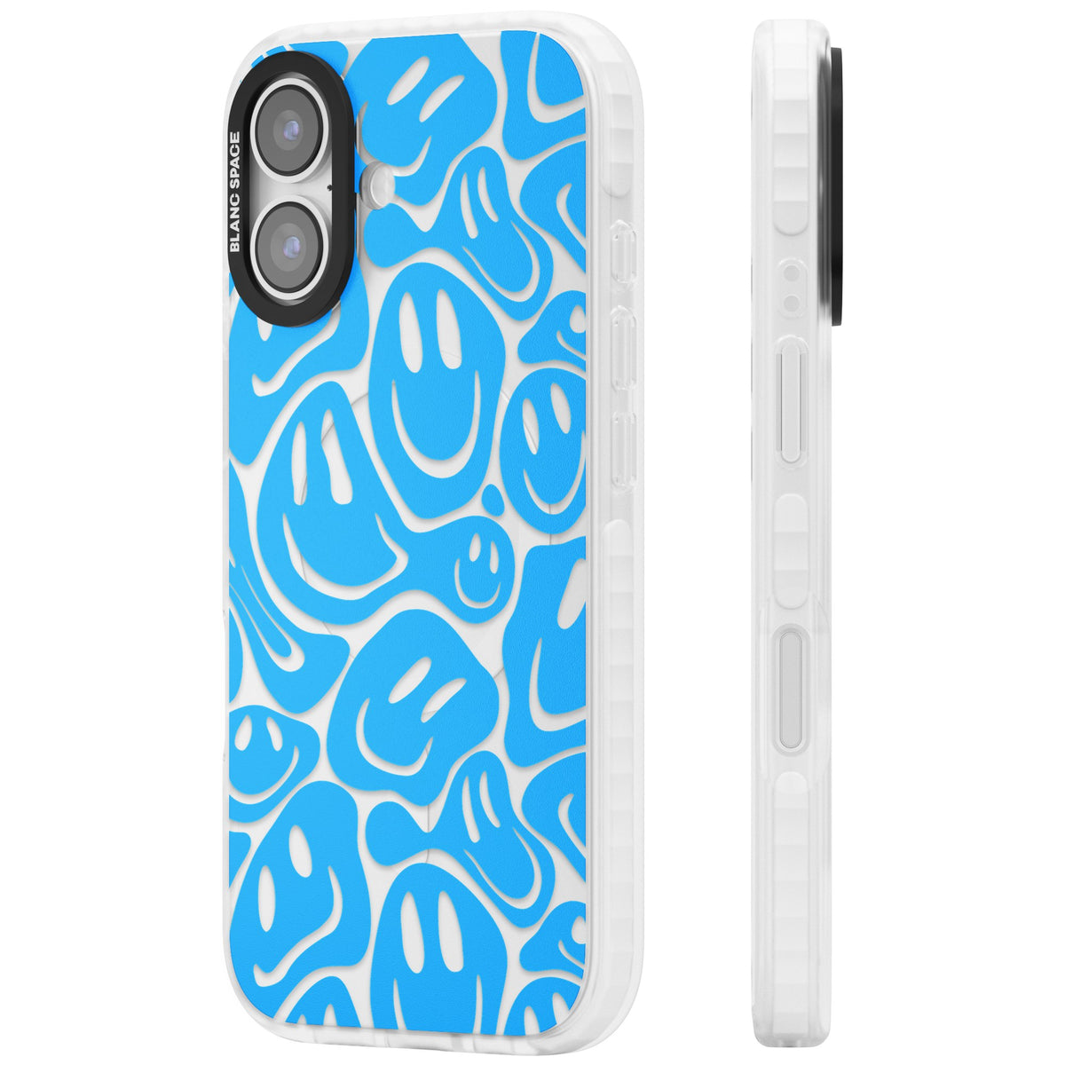 Blue Acid Faces iPhone 16 / iPhone 16 Plus / iPhone 17 Impact Clear Phone Case side