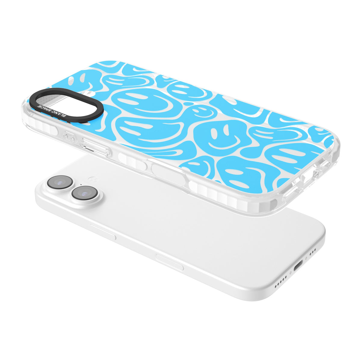 Blue Acid Faces iPhone 16 / iPhone 16 Plus / iPhone 17 Impact Clear Phone Case angled