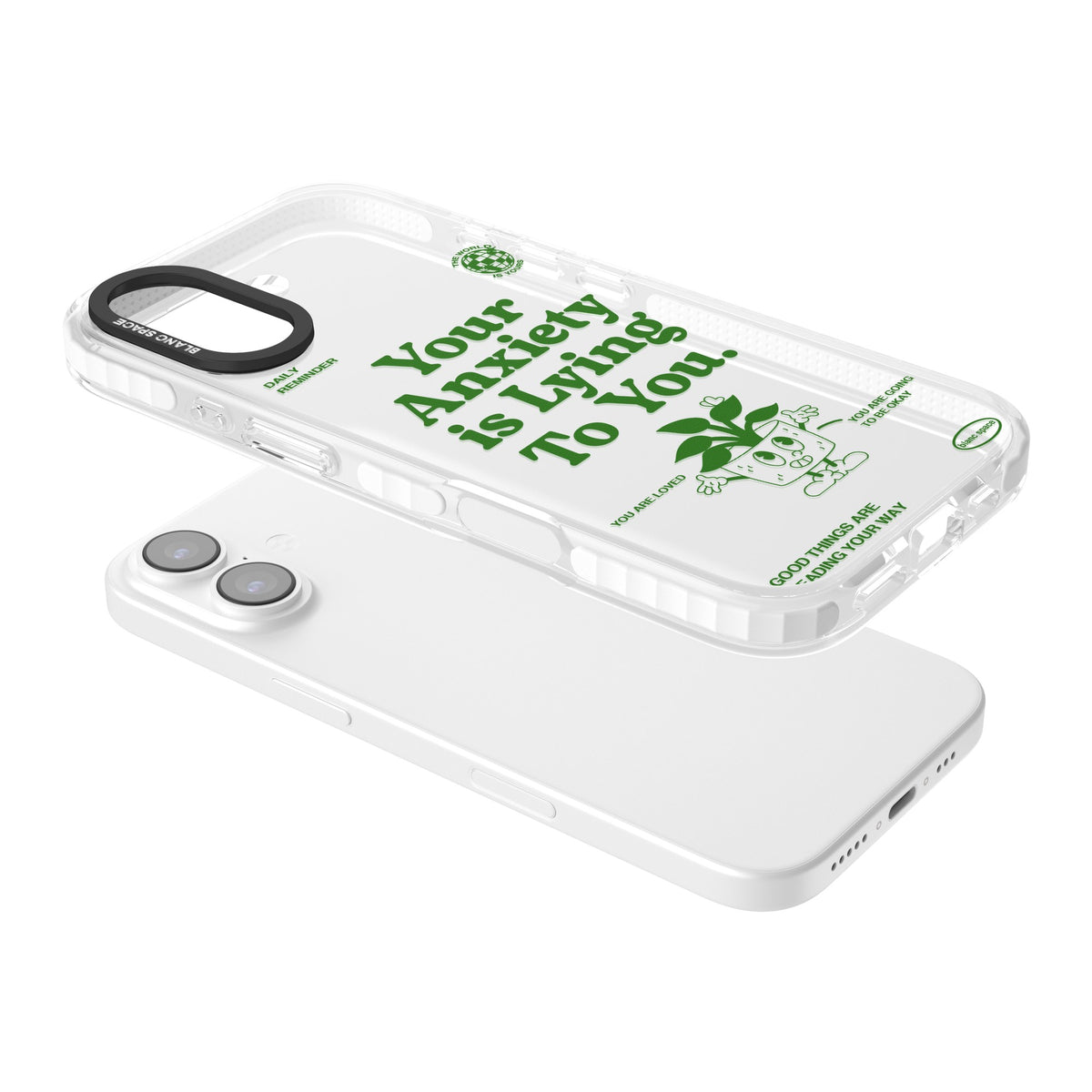 Your Anxiety Is Lying To You iPhone 16 / iPhone 16 Plus / iPhone 17 Impact Clear Phone Case angled