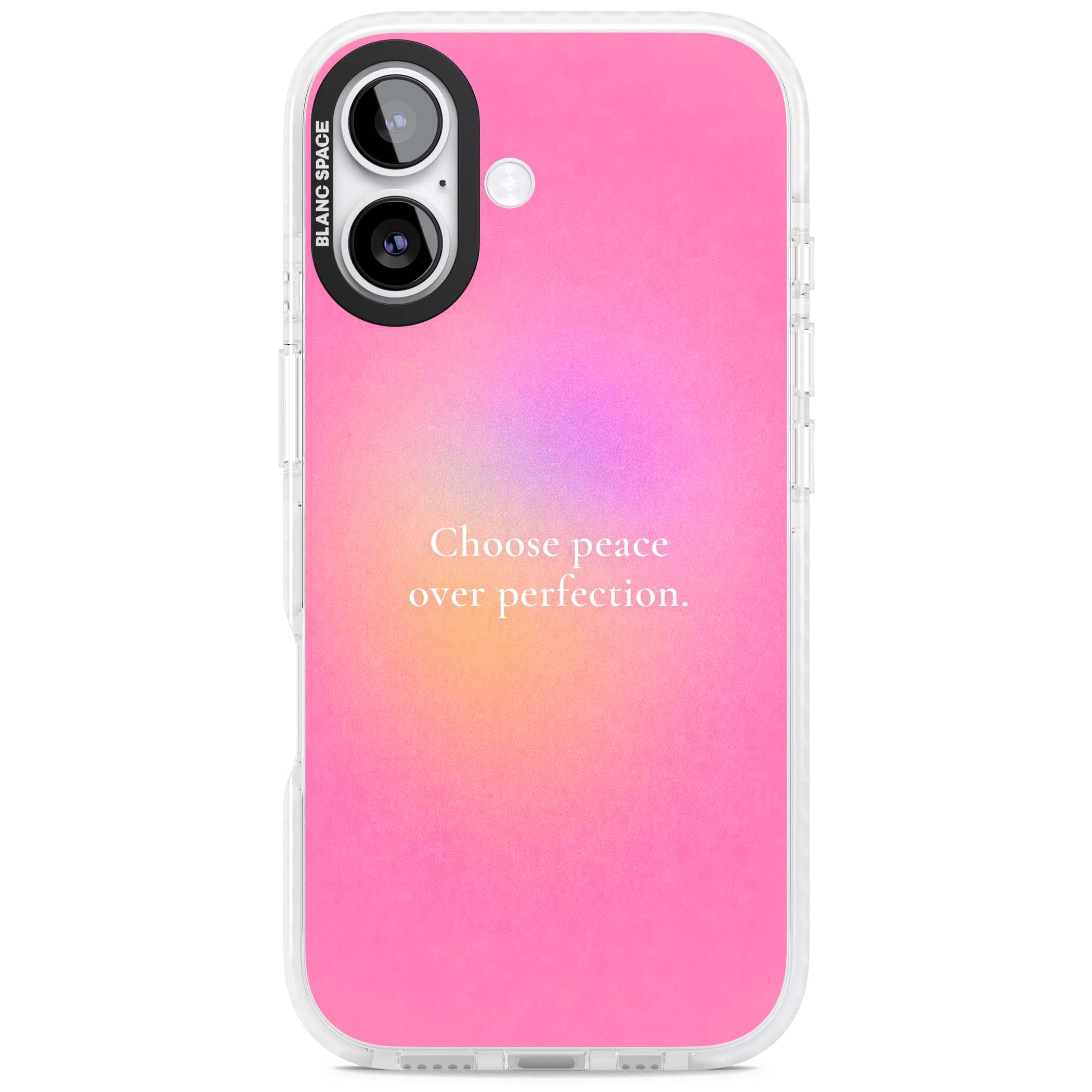 Peace Over Perfection quote iPhone case featuring a dreamy pink aura gradient and delicate white affirmation text | Black Impact case for iPhone 17