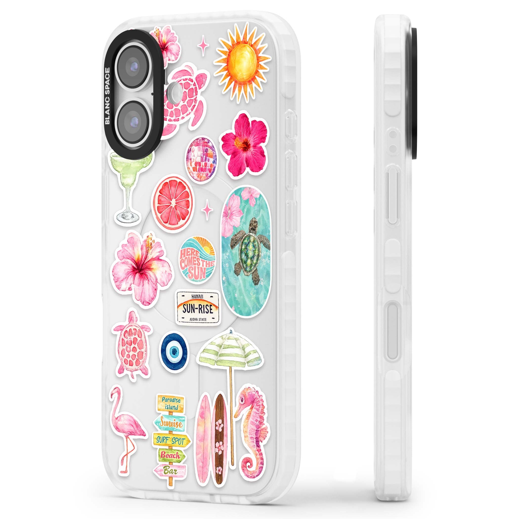Aloha Sticker Mix tropical summer iPhone case featuring pink hibiscus, sea turtles, flamingo and beach umbrella stickers | Black Impact case for iPhone 17