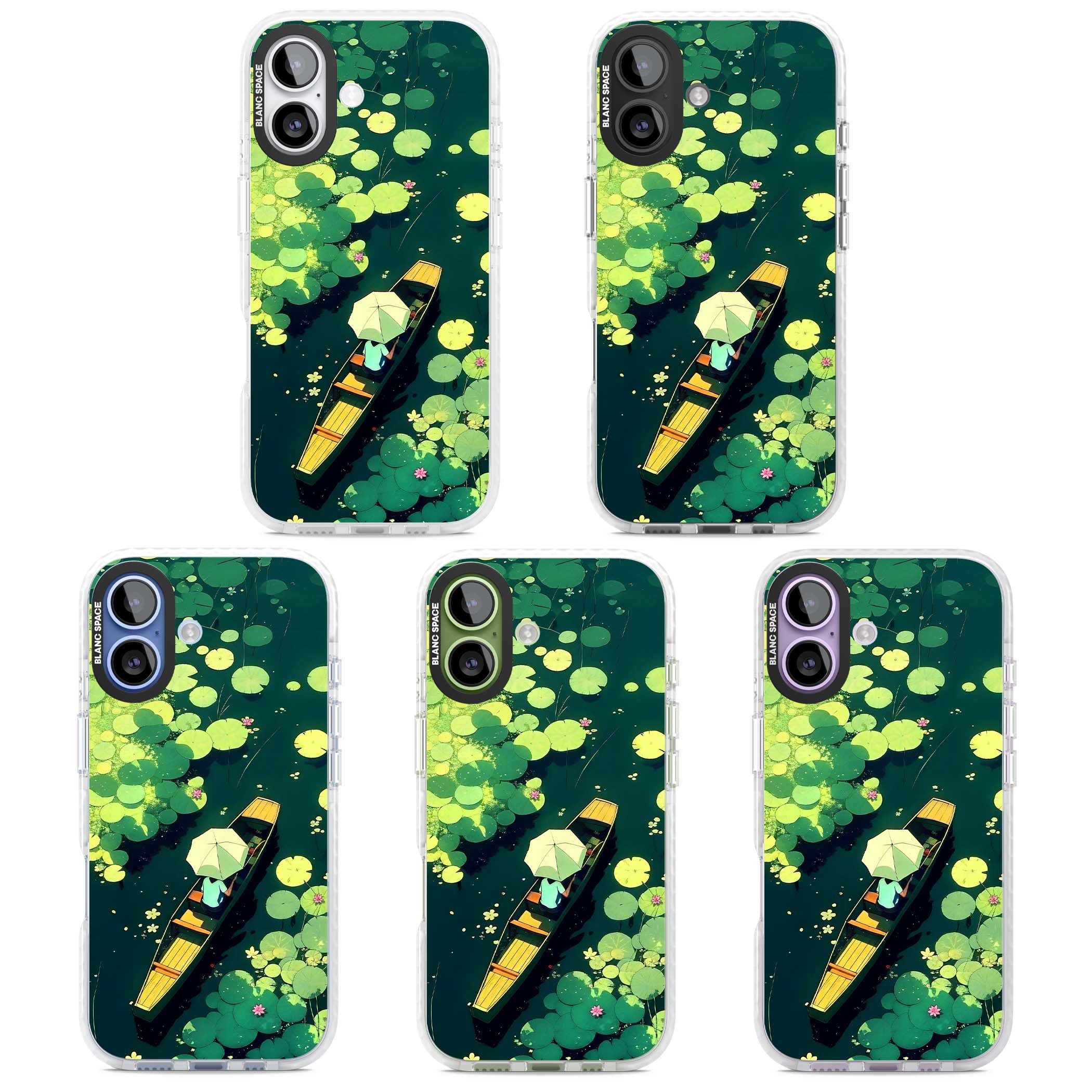 Jade Waters cottagecore iPhone case featuring a painted lily pond, wooden boat with parasol and floating water lilies | Black Impact case for iPhone 17