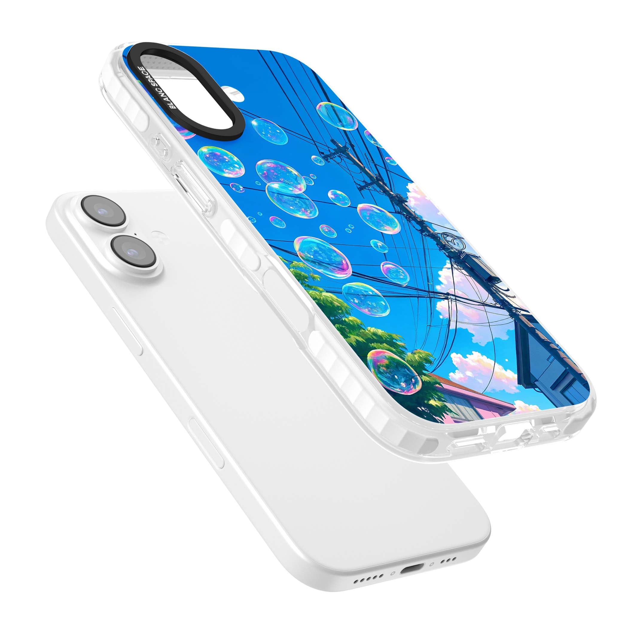 Suburban Bubbles anime iPhone case featuring iridescent soap bubbles, blue sky and Japanese telephone wires | Black Impact case for iPhone 17