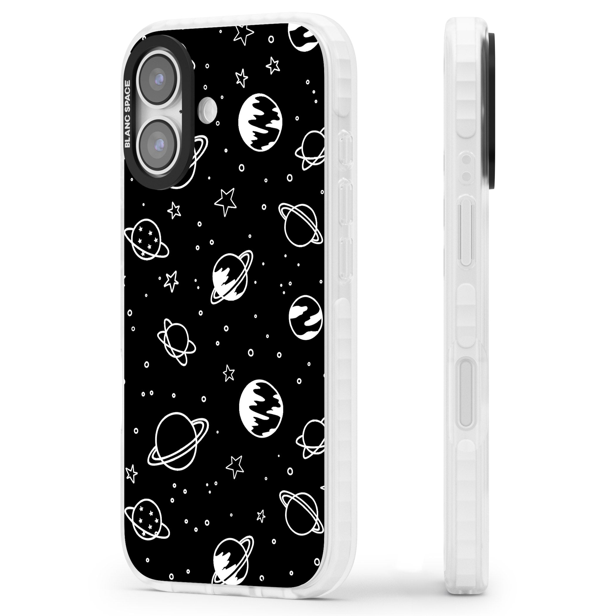 Cosmic Sketch White Black iPhone 17 Impact Clear Phone Case Side Profile