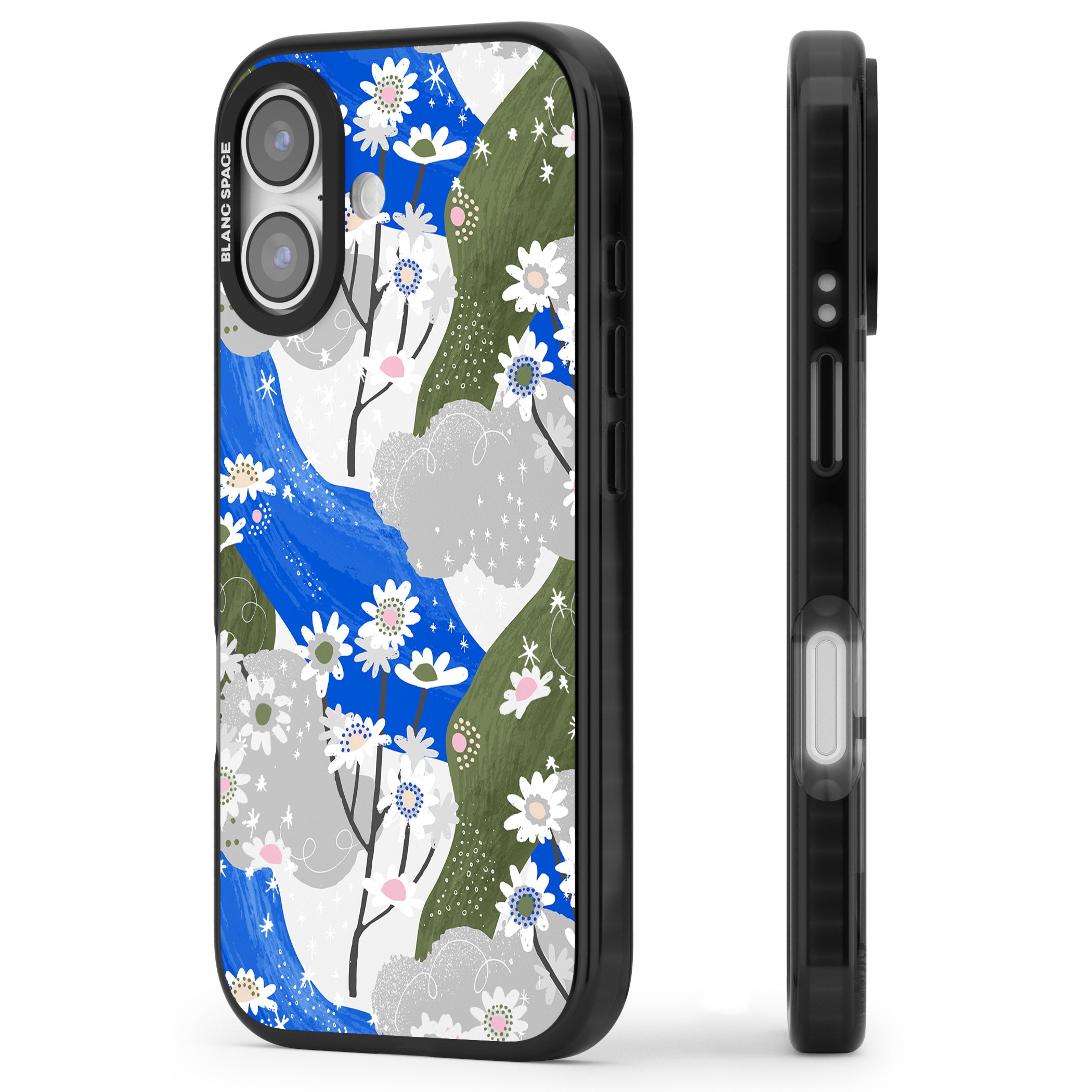 Blue & Grey Daisies Pattern iPhone 17 Impact Black Phone Case Side Profile