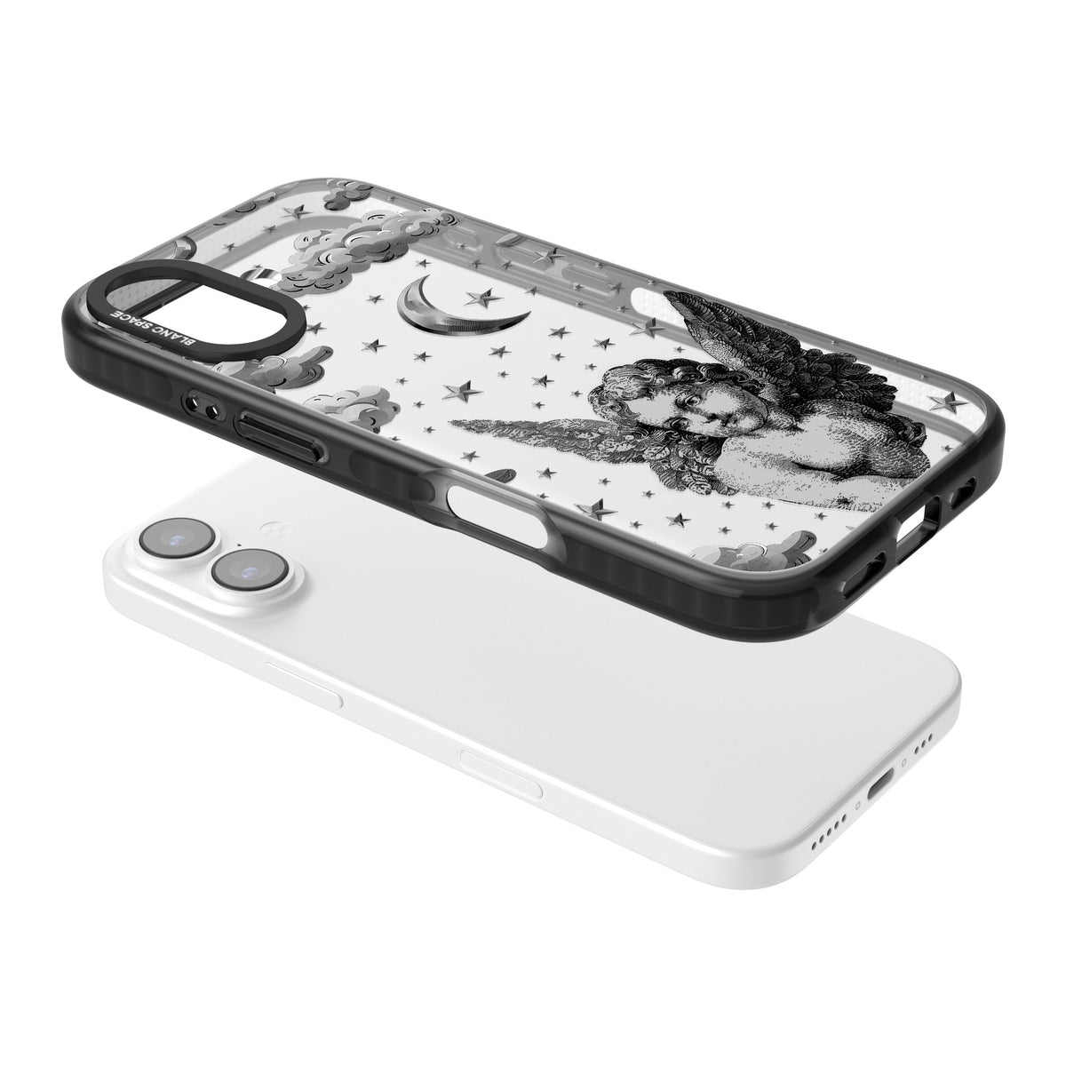 Celestial Cherub iPhone 16 / iPhone 16 Plus / iPhone 17 Impact Black Phone Case angled
