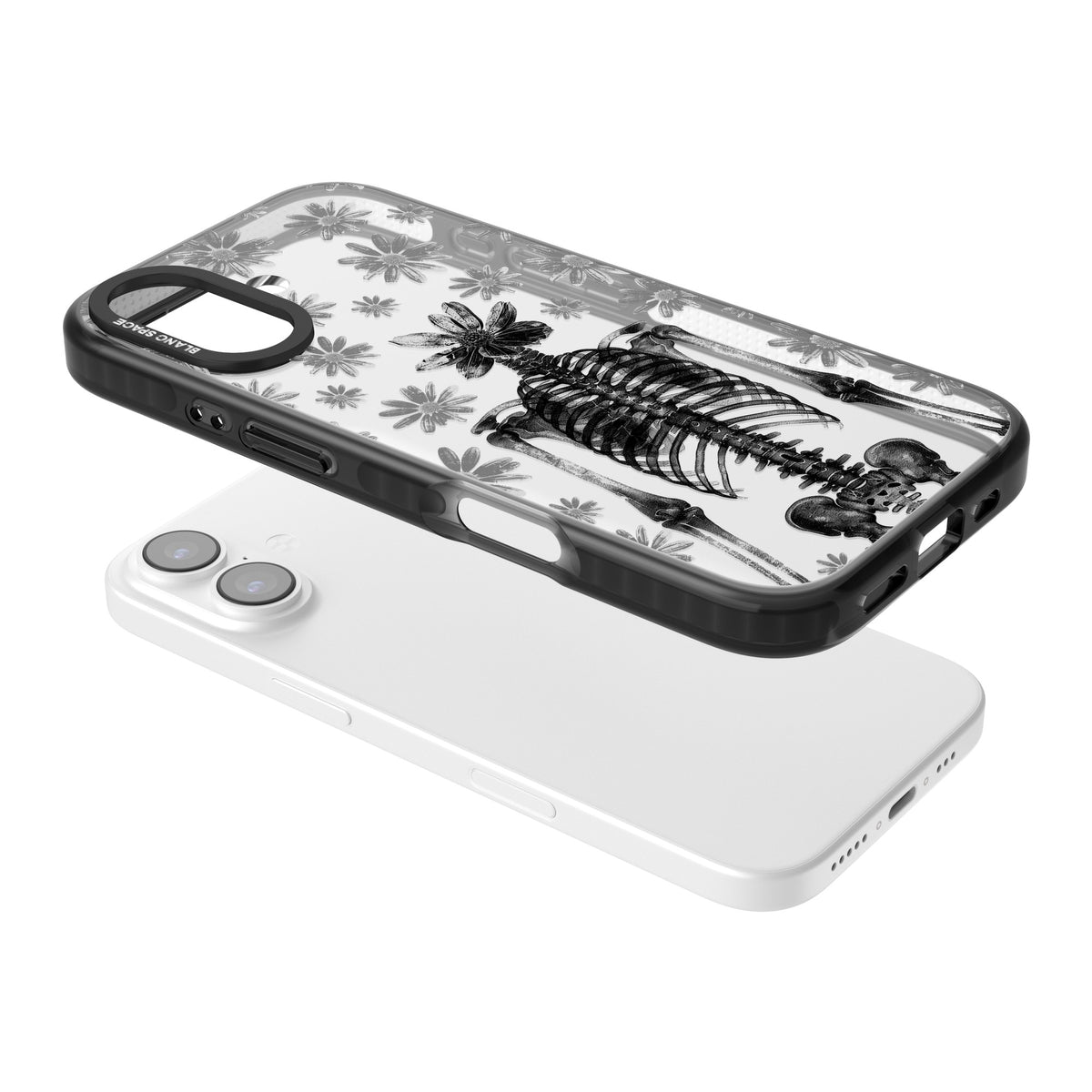 Skeleton Flower iPhone 16 / iPhone 16 Plus / iPhone 17 Impact Black Phone Case angled