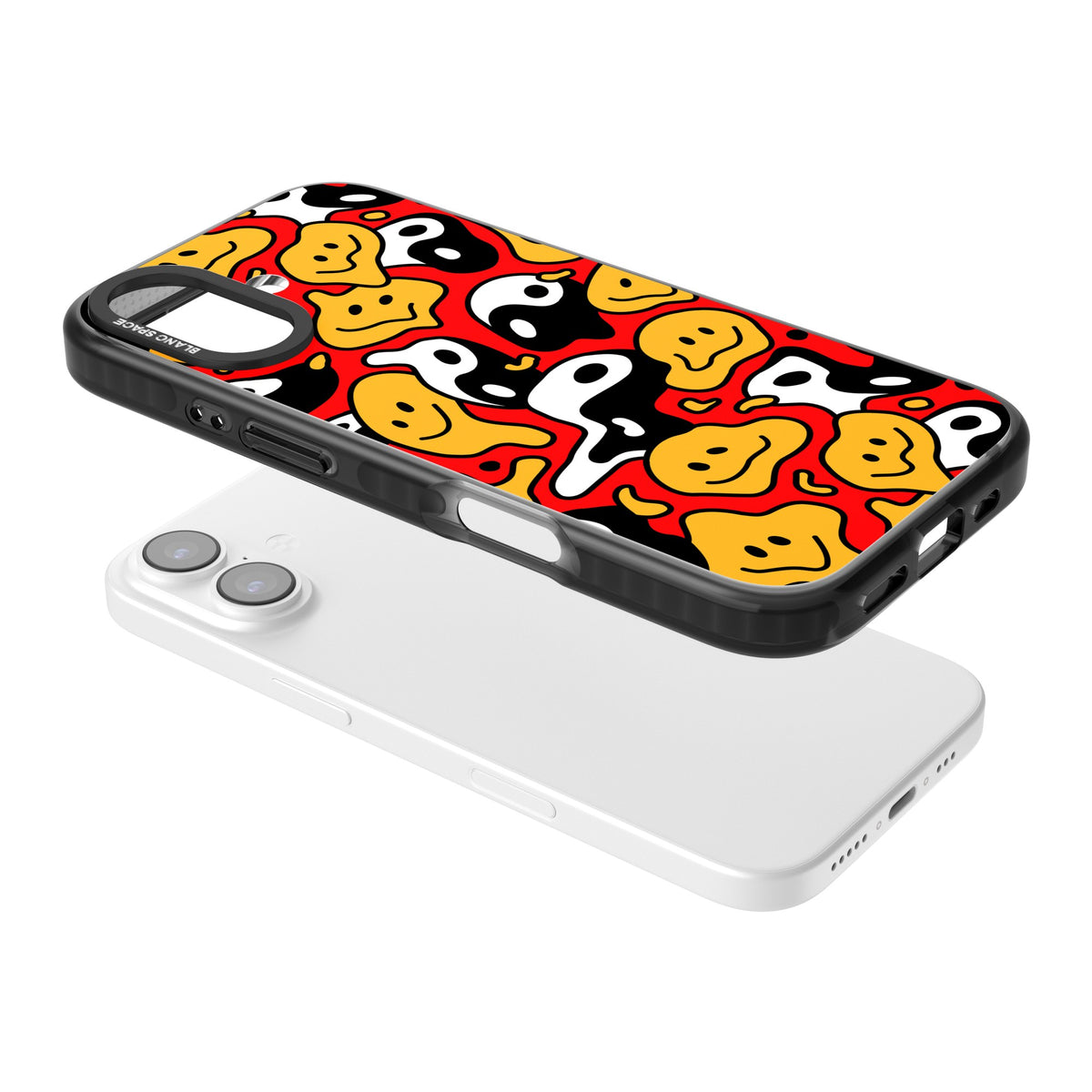 Yin Yang Acid Face iPhone 16 / iPhone 16 Plus / iPhone 17 Impact Black Phone Case angled