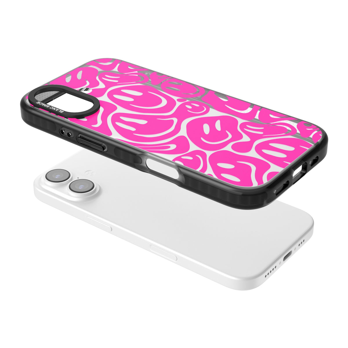 Pink Acid Faces iPhone 16 / iPhone 16 Plus / iPhone 17 Impact Black Phone Case angled
