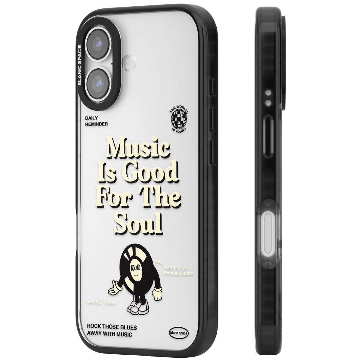 Music Is Good For The Soul iPhone 16 / iPhone 16 Plus / iPhone 17 Impact Black Phone Case side