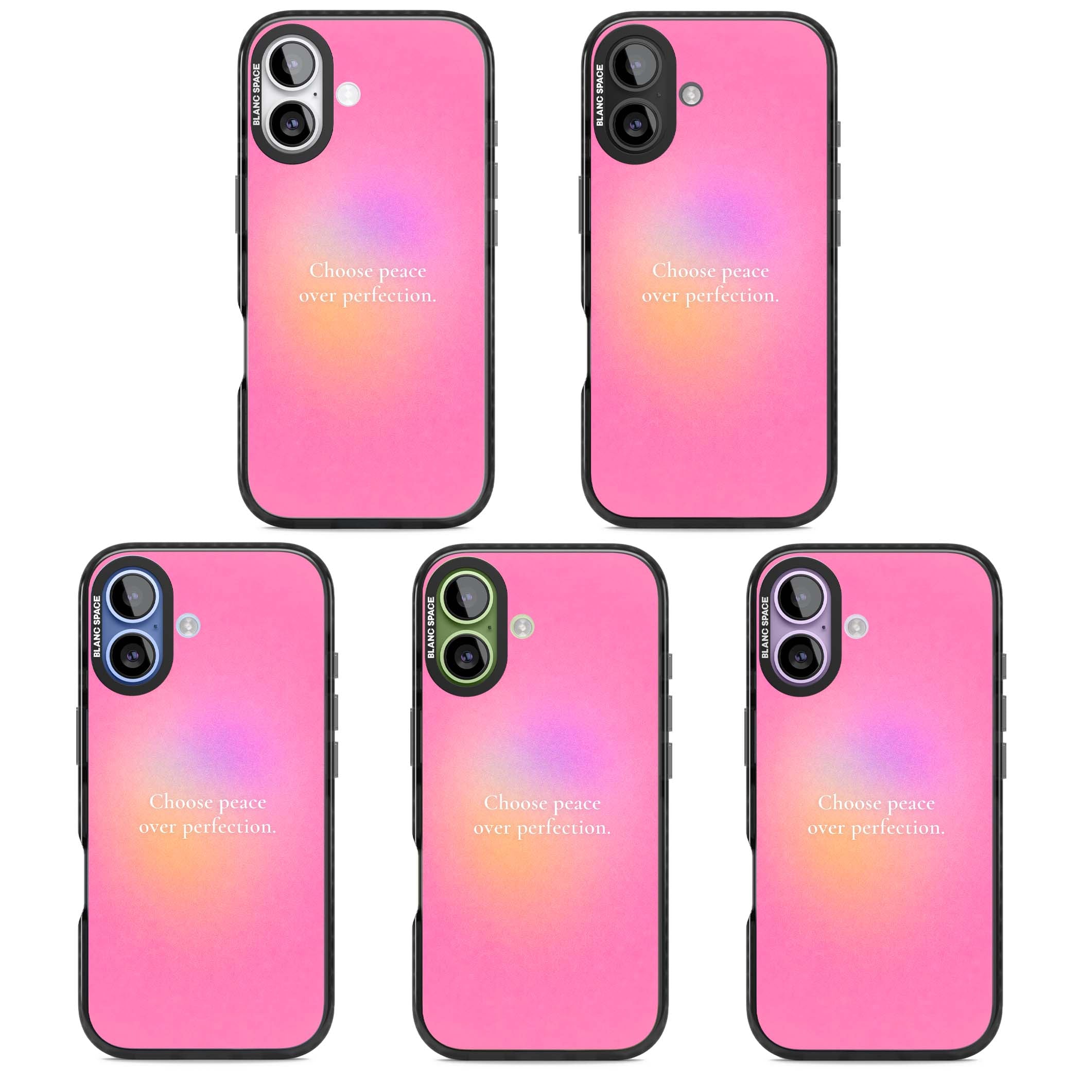 Peace Over Perfection quote iPhone case featuring a dreamy pink aura gradient and delicate white affirmation text | Clear Impact case for iPhone 17