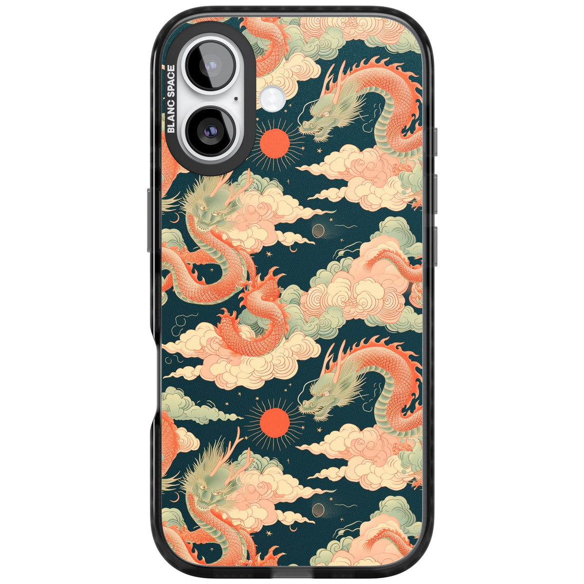 Chinese Dragons Clouds iPhone 16 / iPhone 16 Plus / iPhone 17 Impact Black Phone Case front