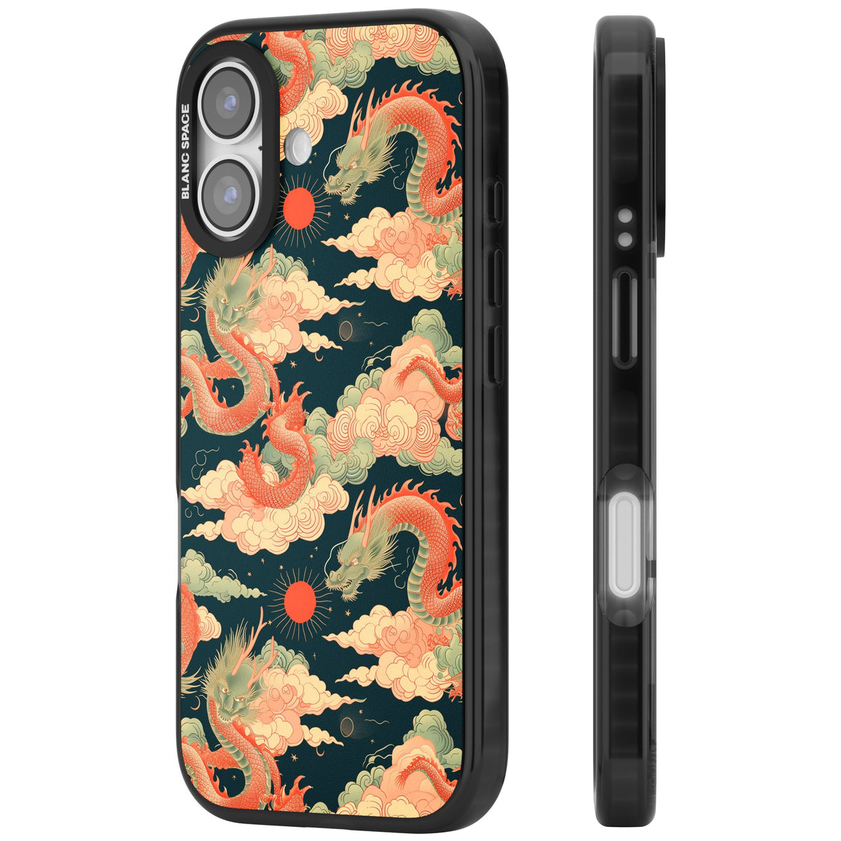 Chinese Dragons Clouds iPhone 16 / iPhone 16 Plus / iPhone 17 Impact Black Phone Case side