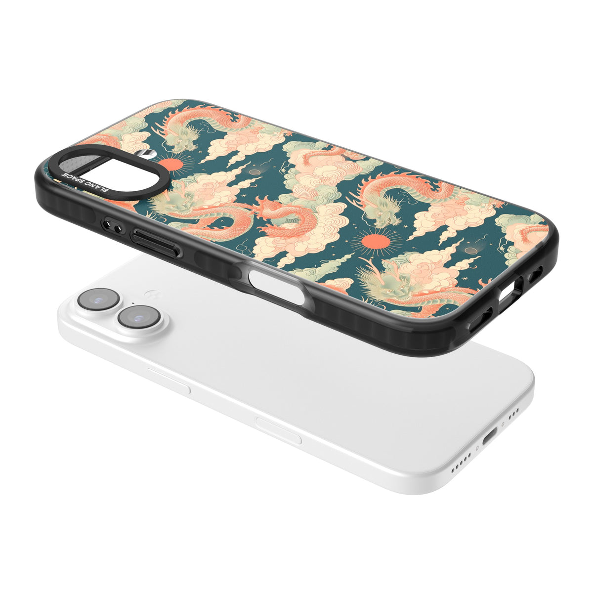 Chinese Dragons Clouds iPhone 16 / iPhone 16 Plus / iPhone 17 Impact Black Phone Case angled