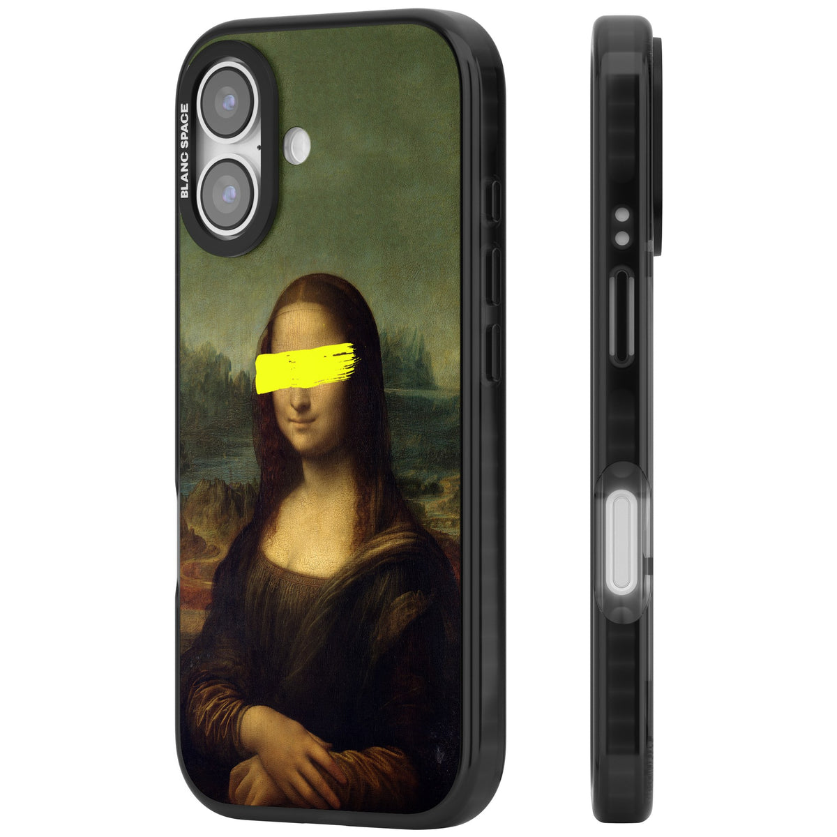 Vandaled Mona Lisa iPhone 16 / iPhone 16 Plus / iPhone 17 Impact Black Phone Case side