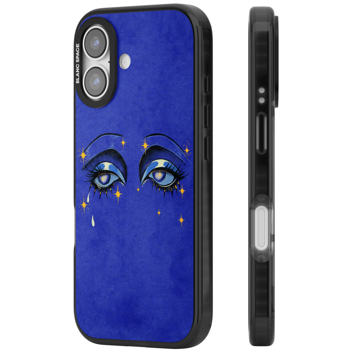 Blue Mystic Eyes iPhone 16 / iPhone 16 Plus / iPhone 17 Impact Black Phone Case side