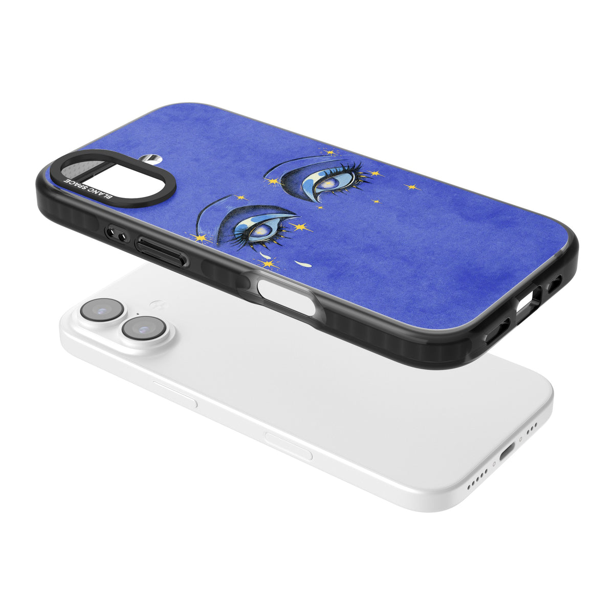 Blue Mystic Eyes iPhone 16 / iPhone 16 Plus / iPhone 17 Impact Black Phone Case angled