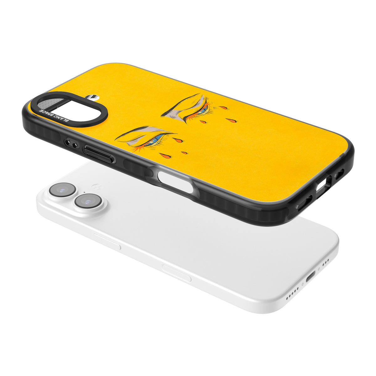 Yellow Tearful Eyes iPhone 16 / iPhone 16 Plus / iPhone 17 Impact Black Phone Case angled