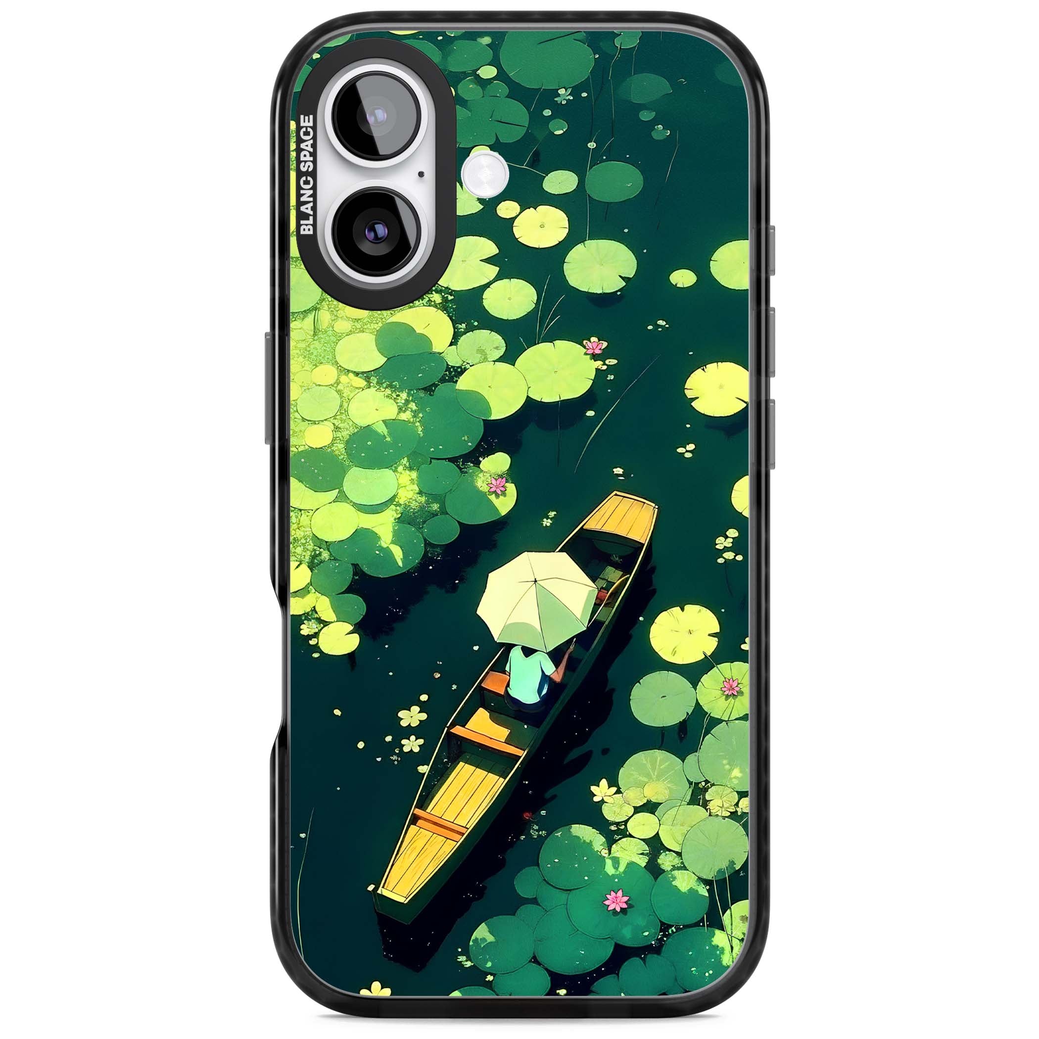Jade Waters cottagecore iPhone case featuring a painted lily pond, wooden boat with parasol and floating water lilies | Clear Impact case for iPhone 17