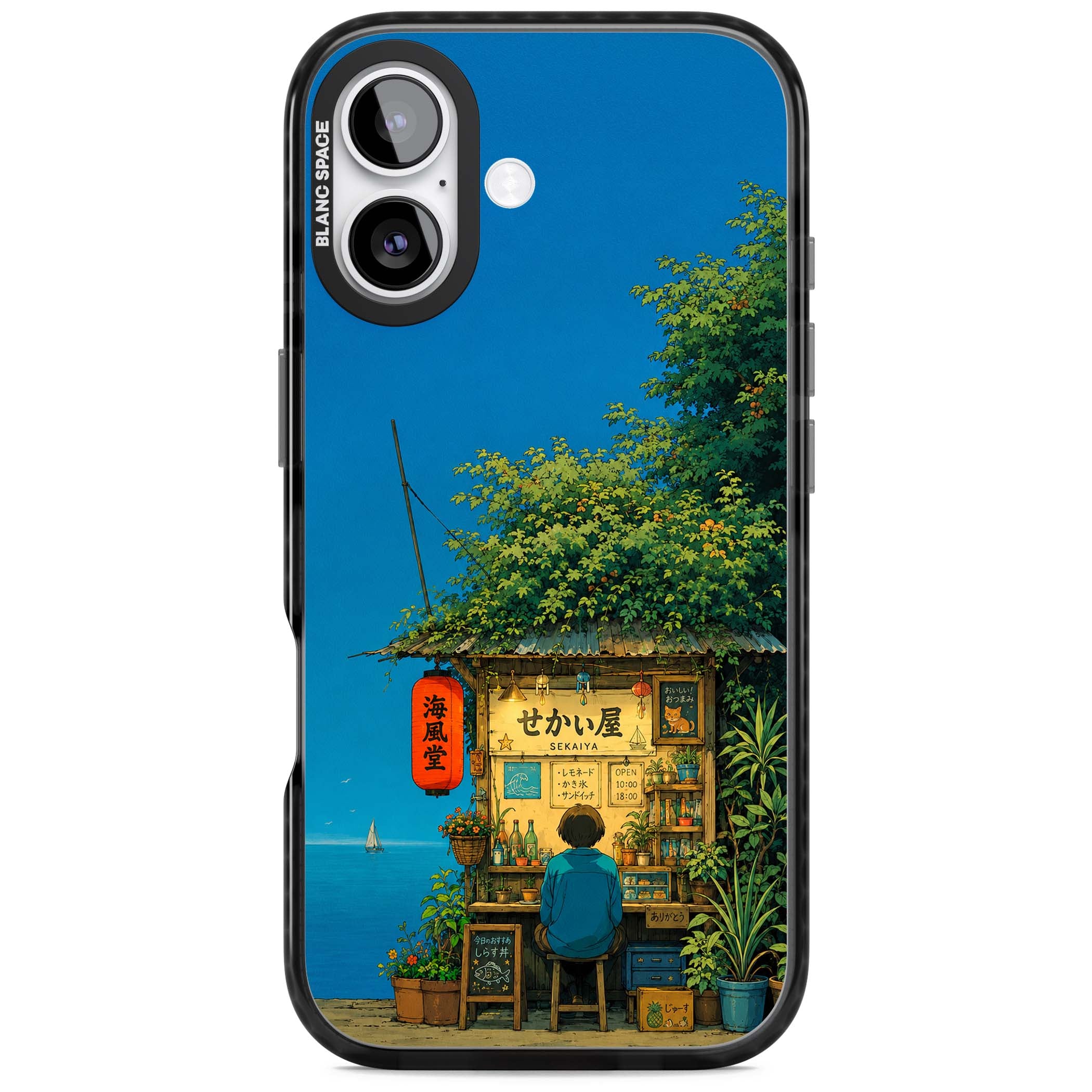 The Shirahama Kiosk anime iPhone case featuring a Japanese seaside shop, red paper lantern and ocean view | Clear Impact case for iPhone 17