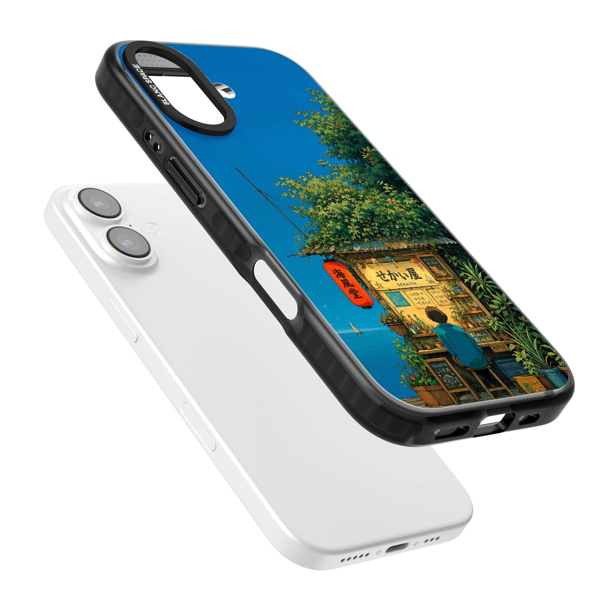 The Shirahama Kiosk anime iPhone case featuring a Japanese seaside shop, red paper lantern and ocean view | Clear Impact case for iPhone 17