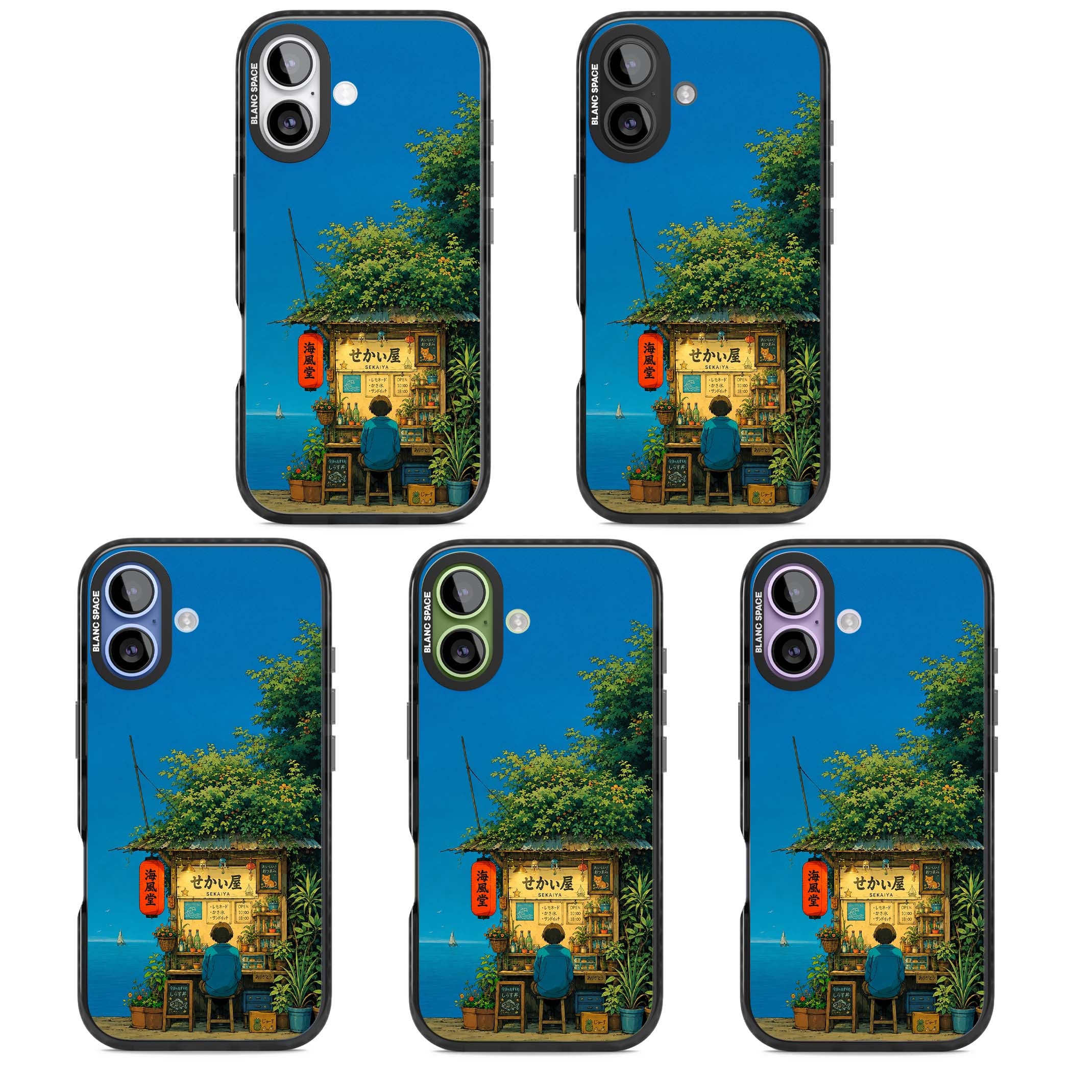 The Shirahama Kiosk anime iPhone case featuring a Japanese seaside shop, red paper lantern and ocean view | Clear Impact case for iPhone 17