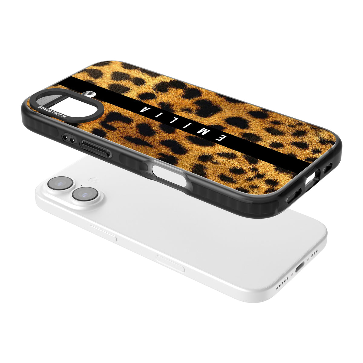 Leopard Print iPhone 16 / iPhone 16 Plus / iPhone 17 Impact Black Phone Case angled
