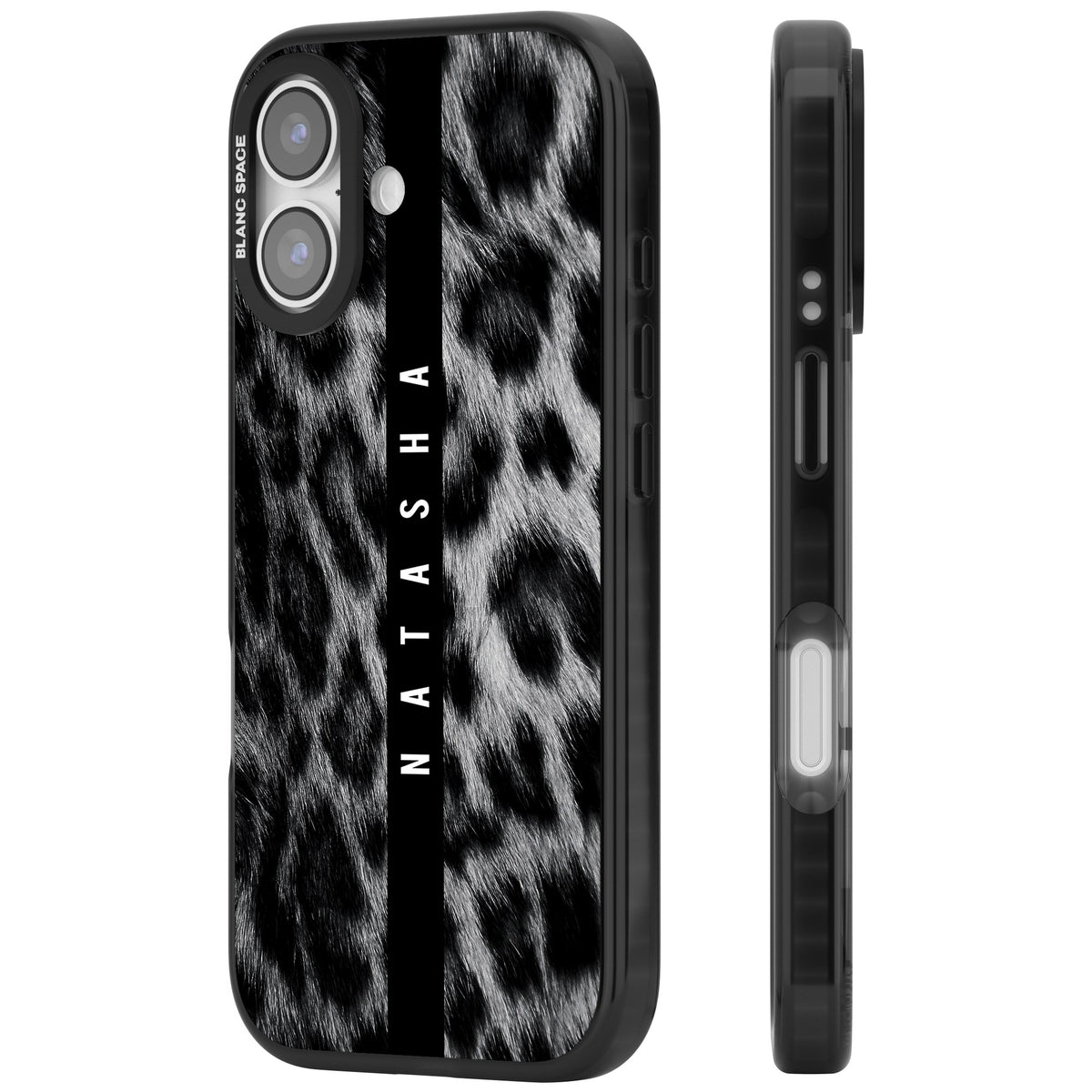 Snow Leopard iPhone 16 / iPhone 16 Plus / iPhone 17 Impact Black Phone Case side