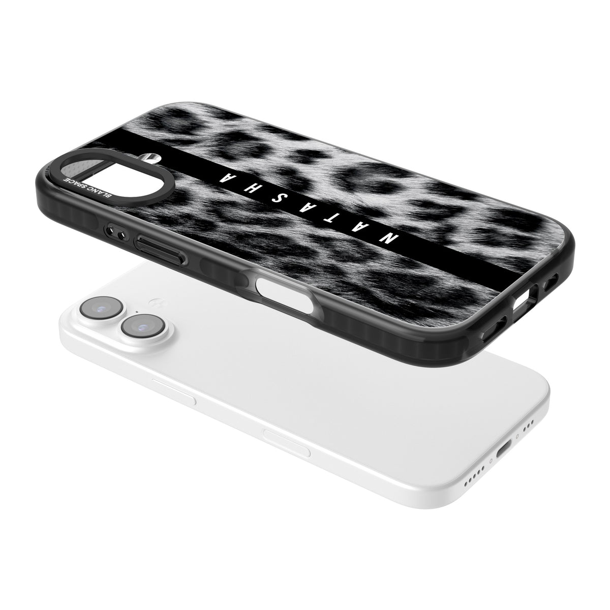 Snow Leopard iPhone 16 / iPhone 16 Plus / iPhone 17 Impact Black Phone Case angled
