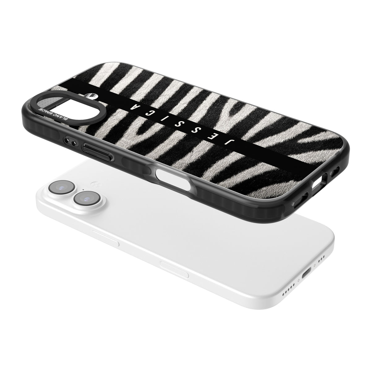 Zebra Print iPhone 16 / iPhone 16 Plus / iPhone 17 Impact Black Phone Case angled