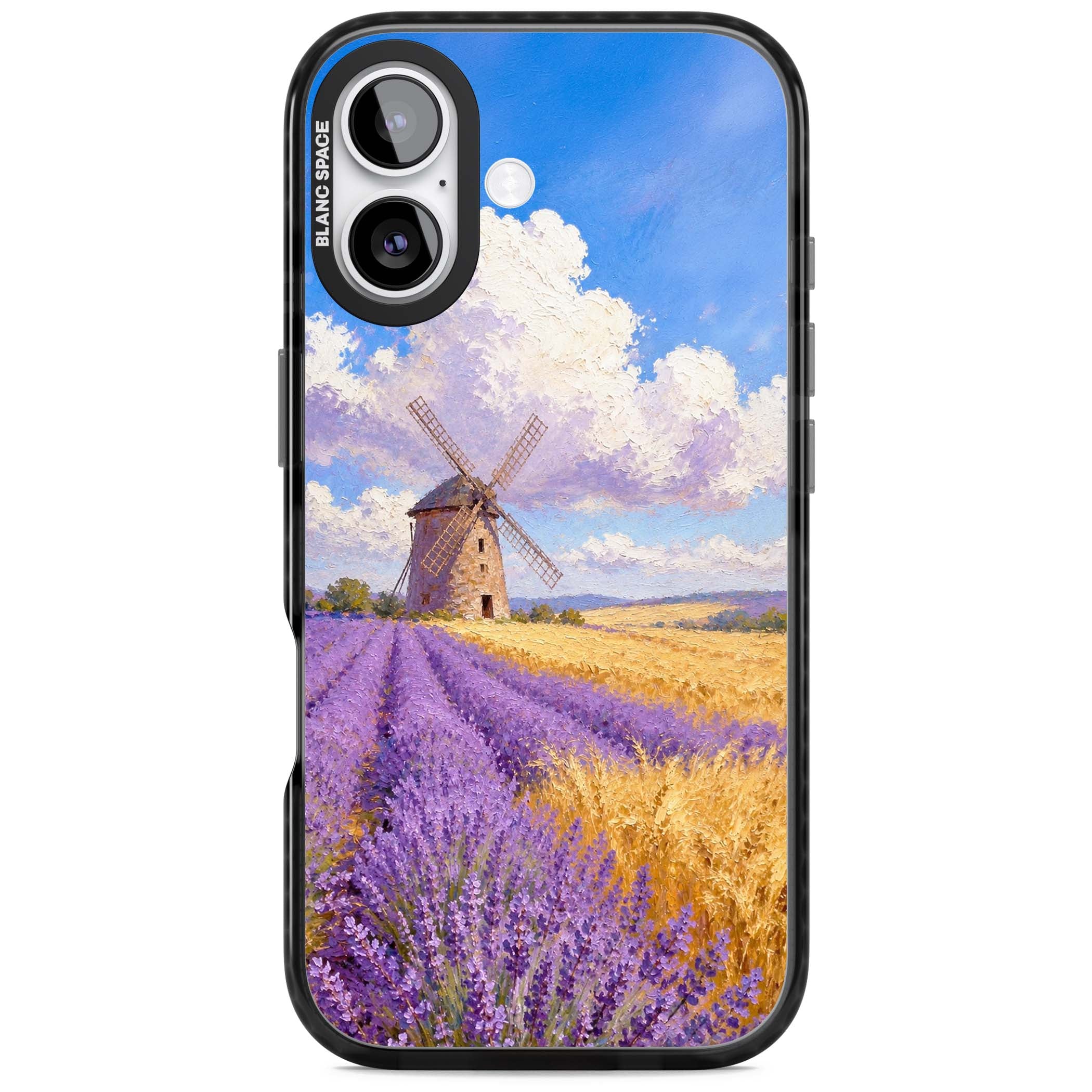 Lavender Mill cottagecore iPhone case featuring a French windmill, lavender field and golden wheat oil painting | Clear Impact case for iPhone 17