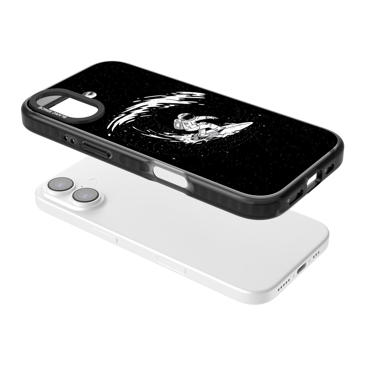 Cosmic Surf iPhone 16 / iPhone 16 Plus / iPhone 17 Impact Black Phone Case angled