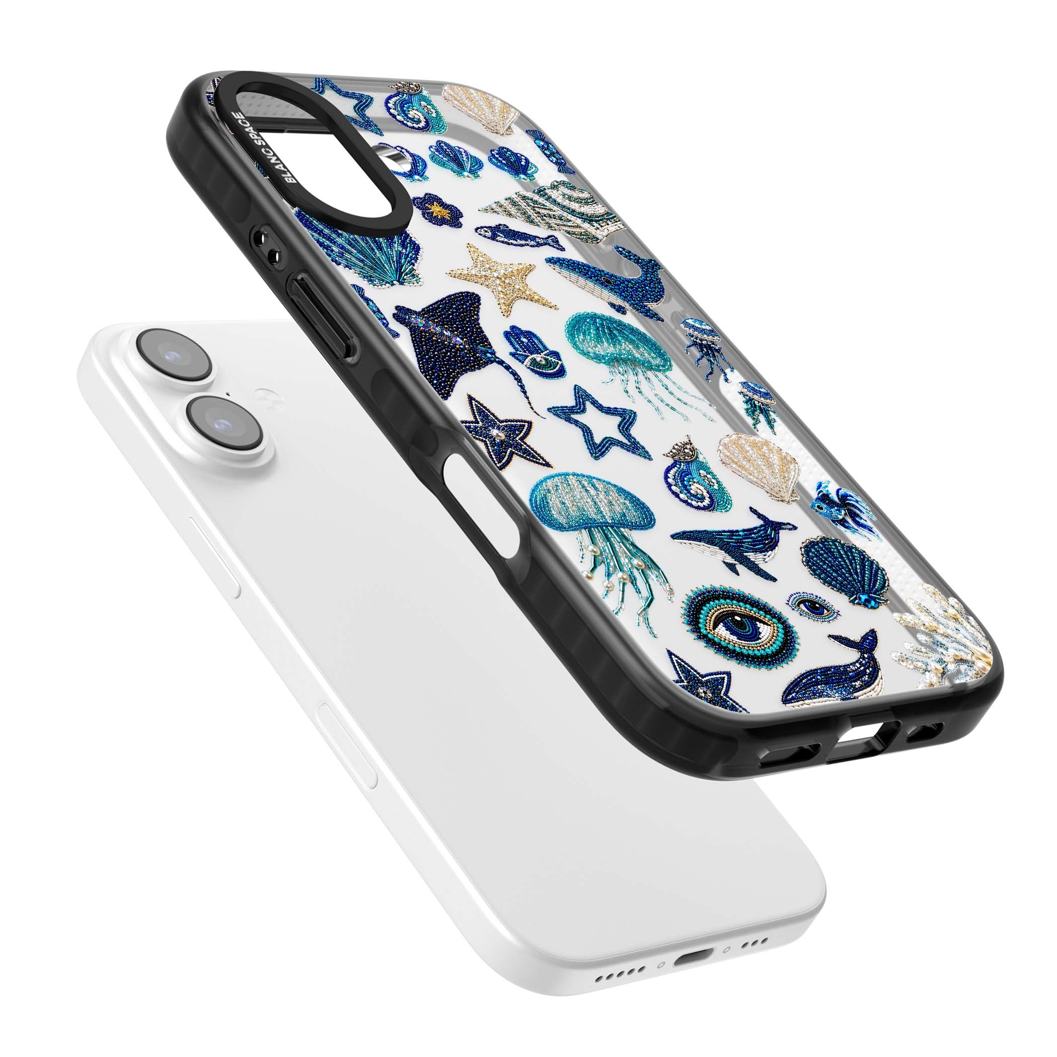 Beaded Coastal coastal iPhone case featuring embroidered seashells, jellyfish and a blue whale on clear | Clear Impact case for iPhone 17
