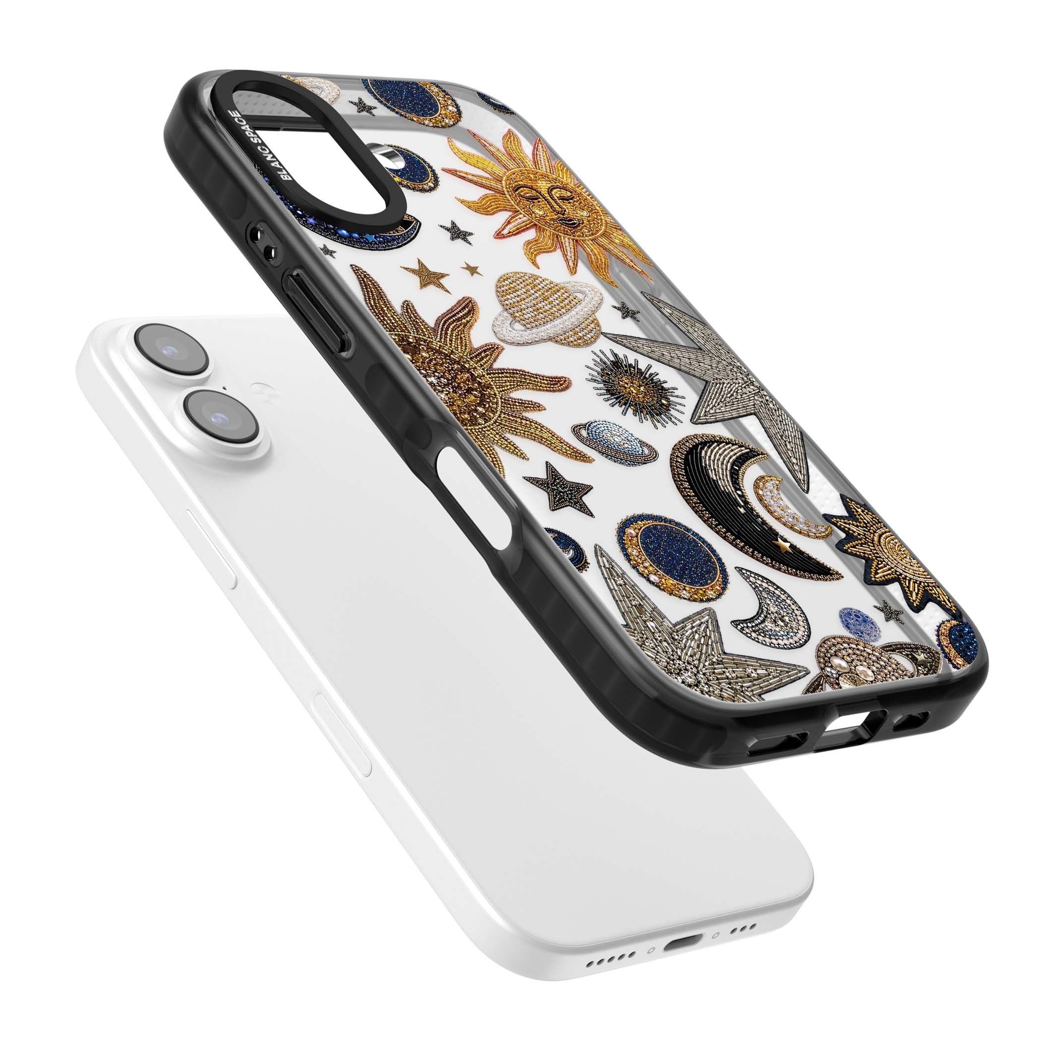 Beaded Cosmos celestial iPhone case featuring embroidered golden suns, beaded planets and silver shooting stars | Clear Impact case for iPhone 17