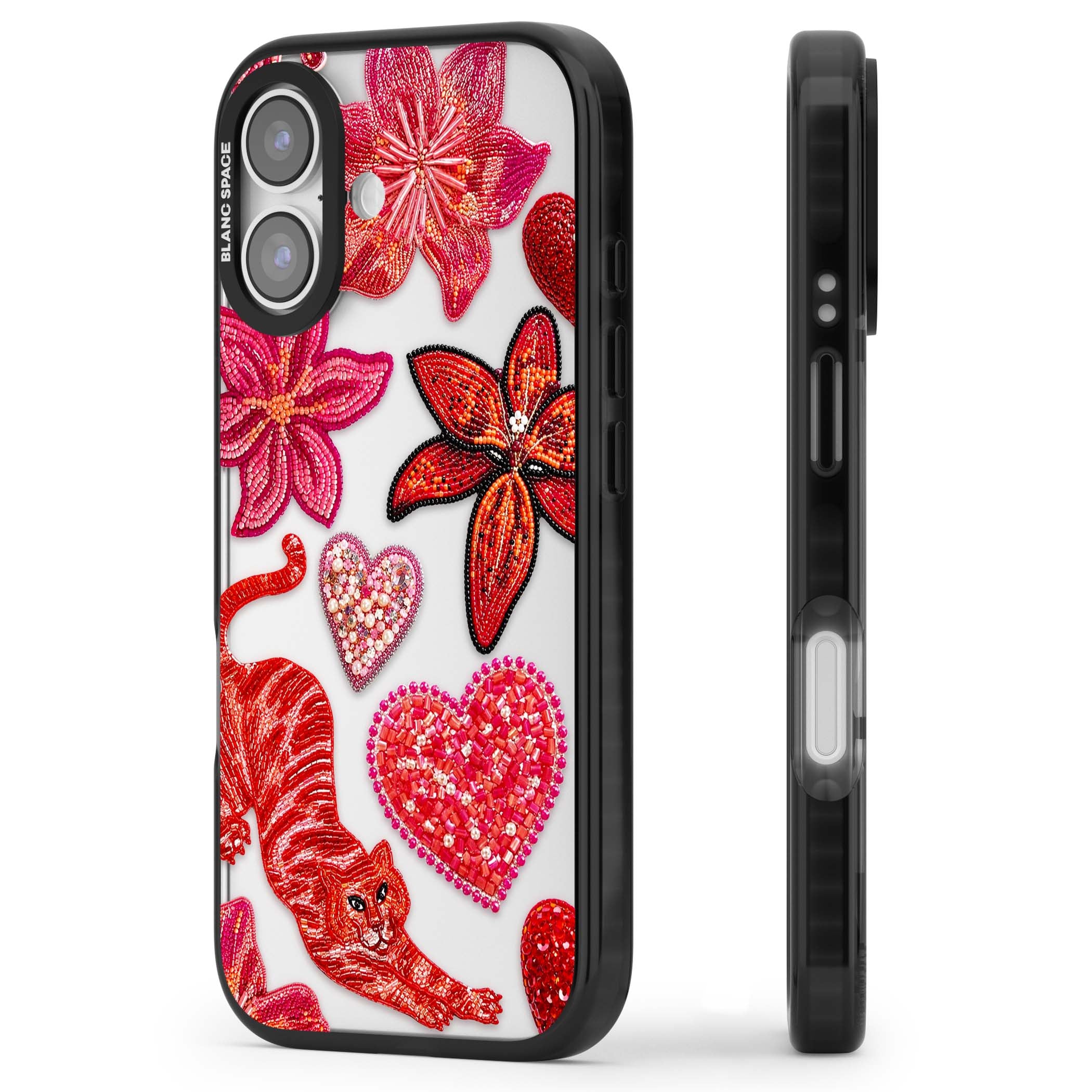Beaded Boho floral iPhone case featuring beaded red lilies, a stitched tiger, and pearl-encrusted hearts on clear | Clear Impact case for iPhone 17